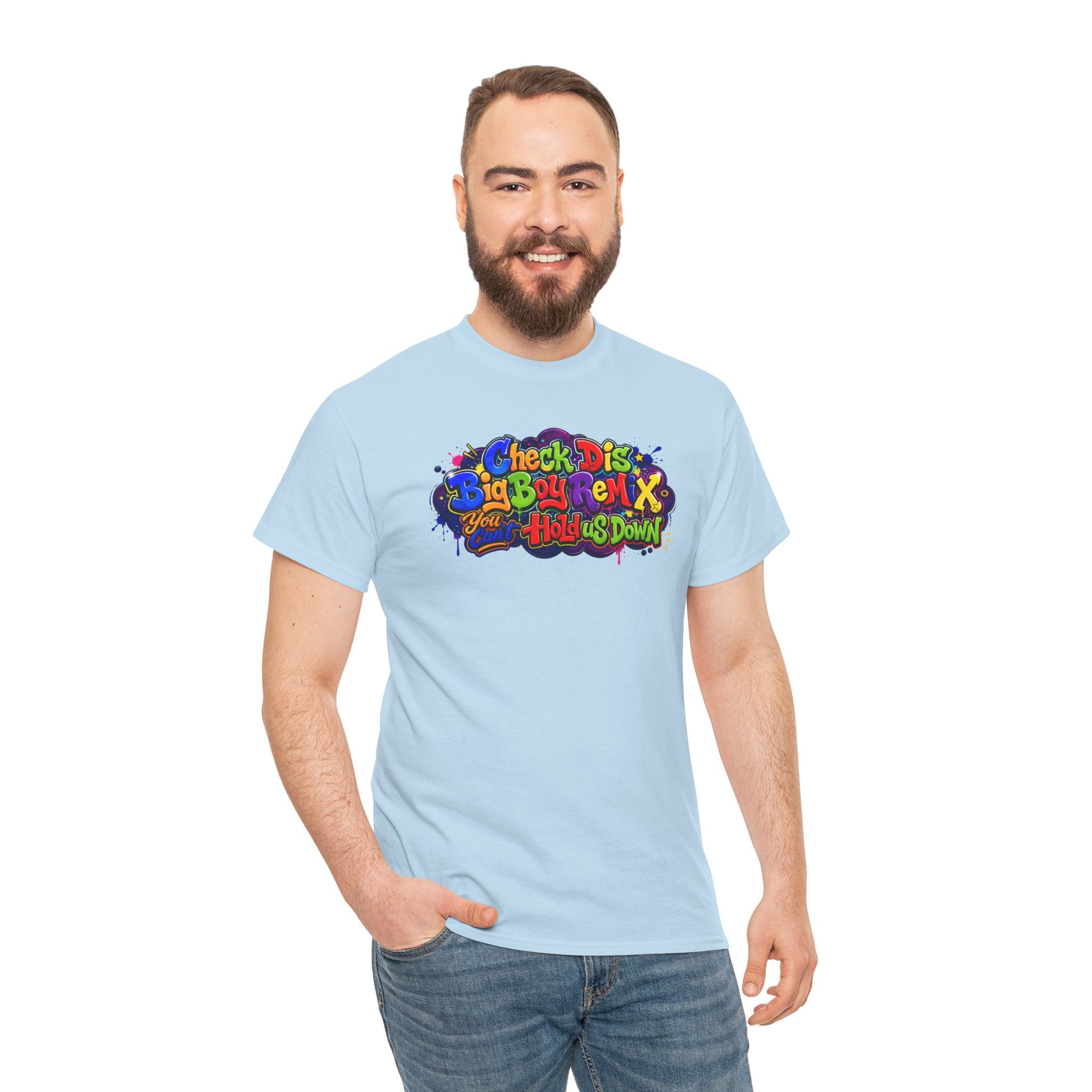 Graphic Tee — Colorful 'Check Dis Big Boy Remix' Retro Street Art T-Shirt