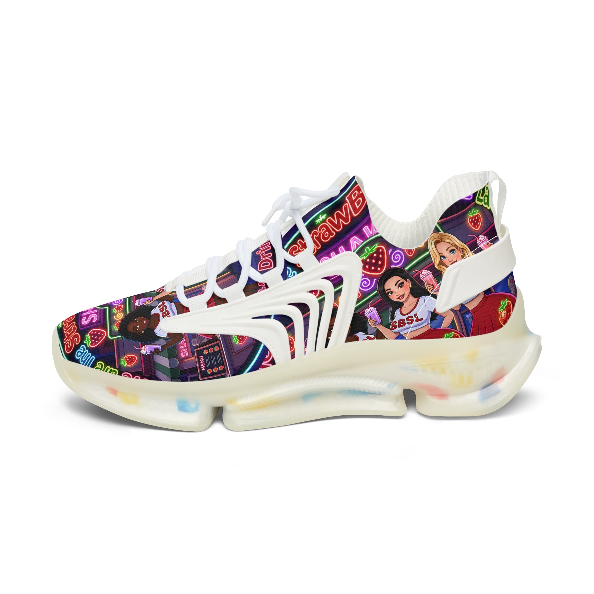 Women’s Mesh Sneakers  " Strawberry Shake "— Colorful Retro Dance Crew Graphic