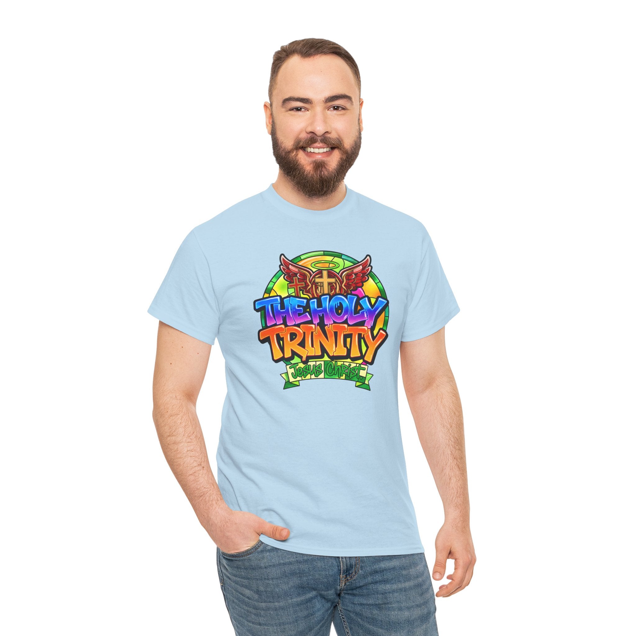 Holy Trinity Graphic Tee — Colorful Faith-Inspired Streetwear T-Shirt