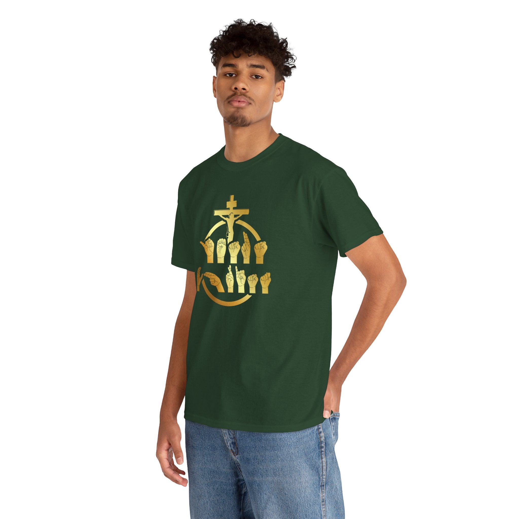 Christian Cross & Praying Hands T-Shirt — Gold Faith Design