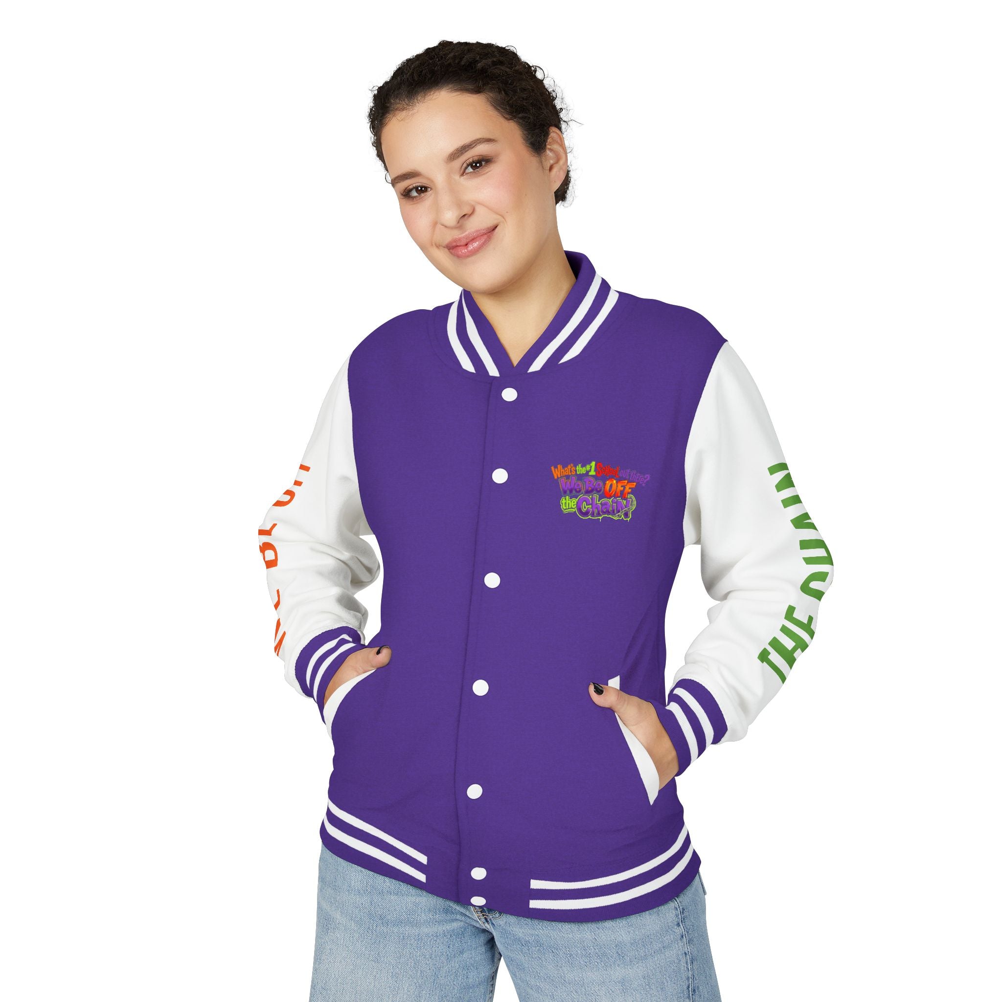 Retro Colorblock Letterman Jacket — 'We Be Off The Chain' Sleeve Print