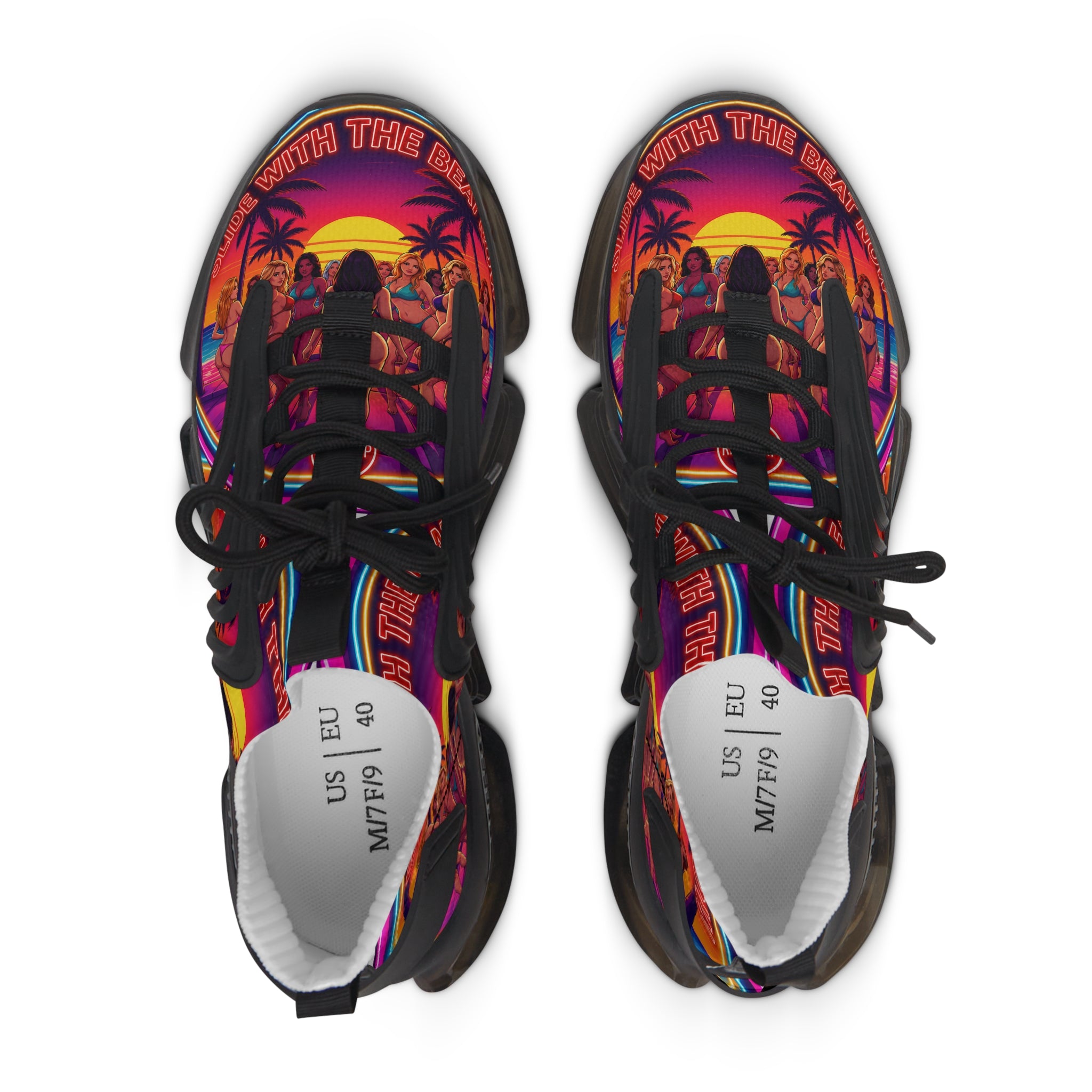 Women's Mesh Sneakers —"Slide With The Beat Now "Vibrant Retro Sunset Graphic Trainers