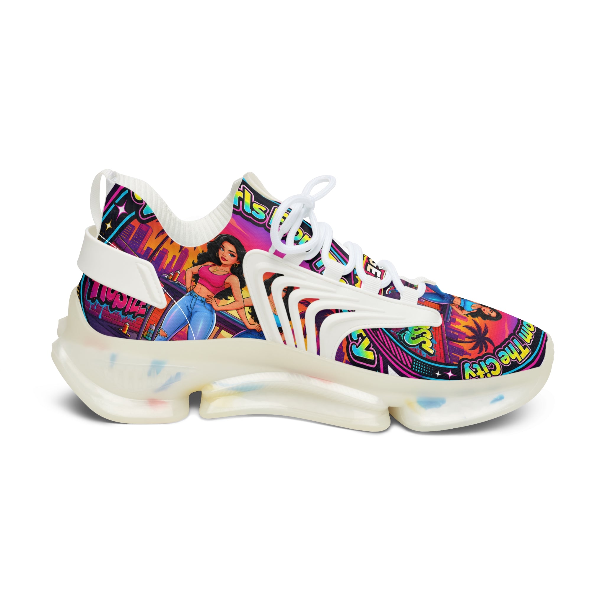 Women’s Mesh Sneakers — Colorful Retro '2Fly Girls From The City' Graphic Athletic Shoes