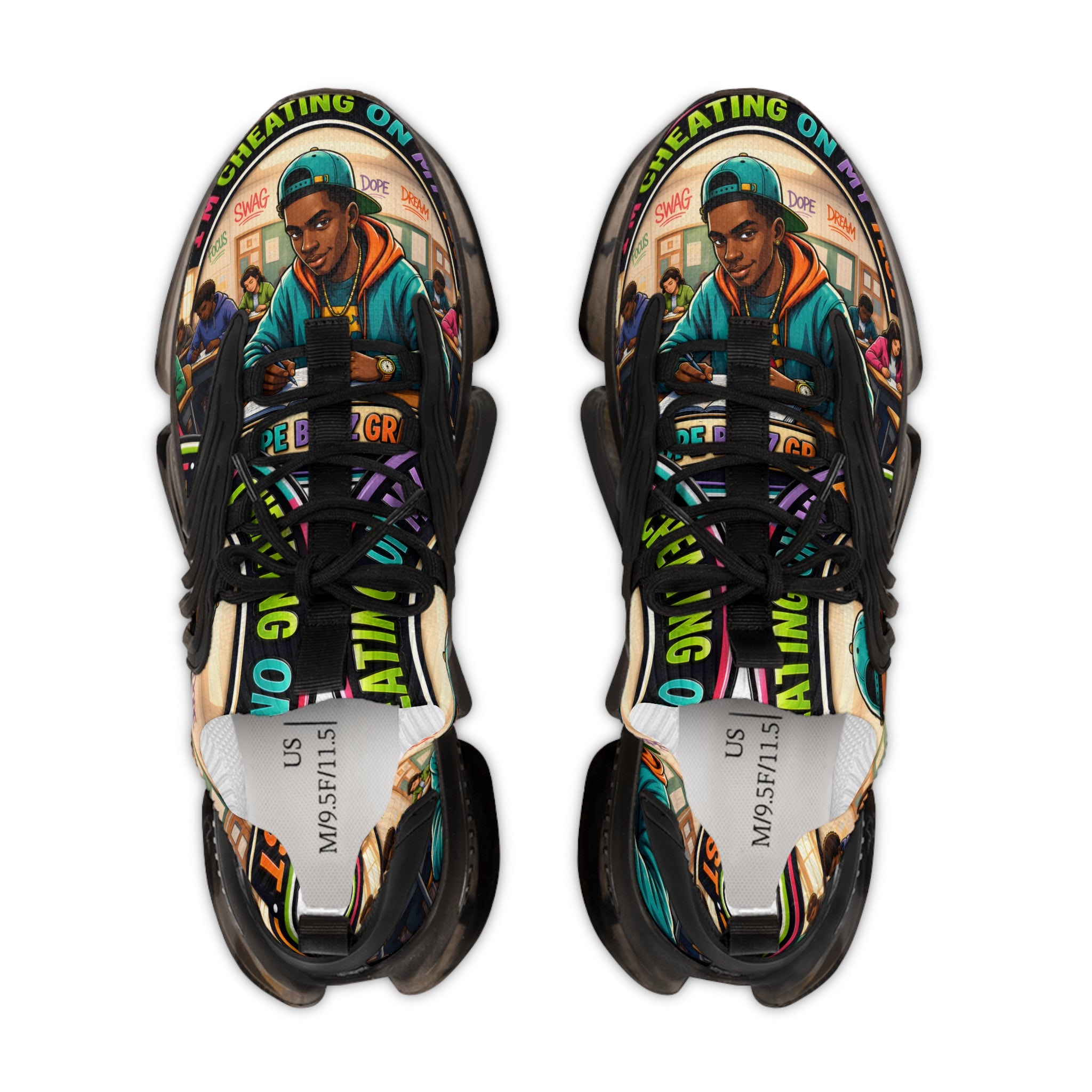 Men's Mesh Sneakers — Colorful Urban Art Graphic Trainers with 'Im Cheating On My Test' Design