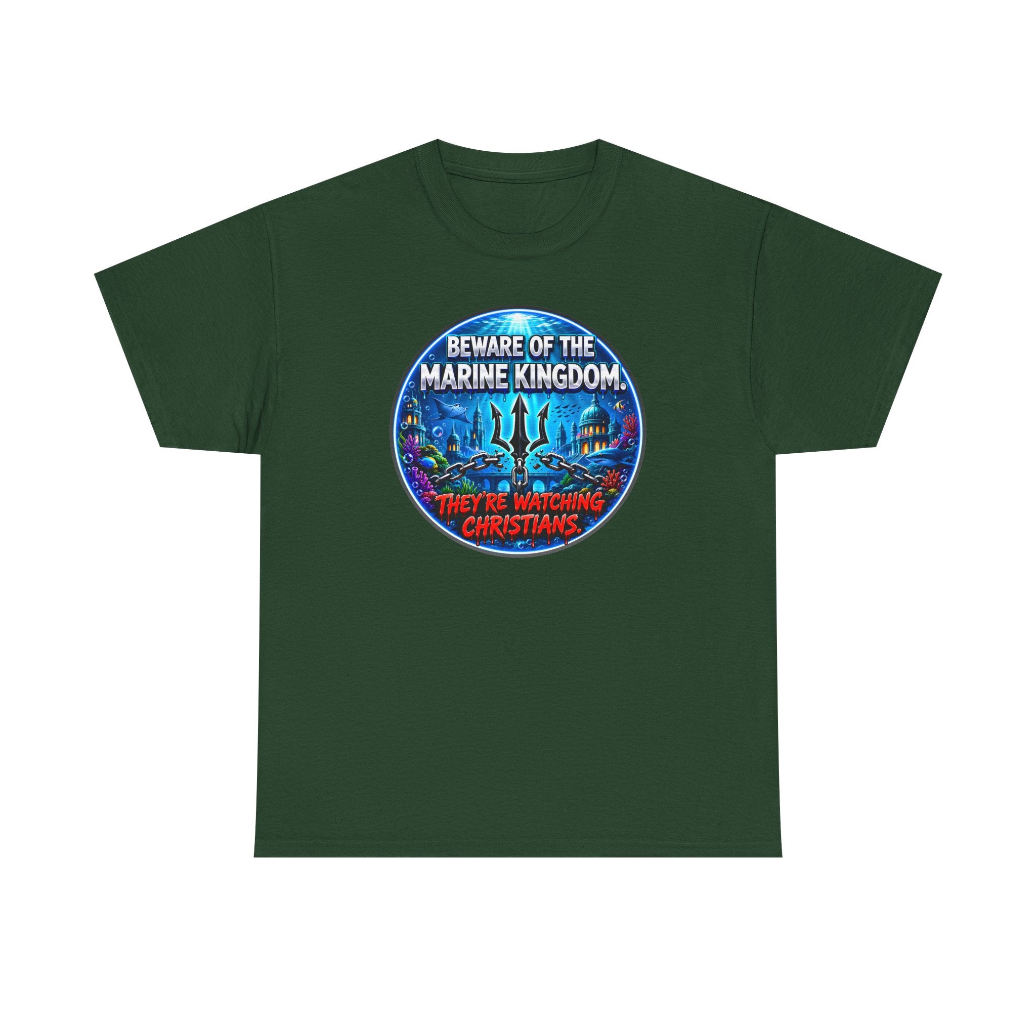 T‑Shirt — "Beware of the Marine Kingdom: They're Watching Christians" Vintage Ocean Graphic