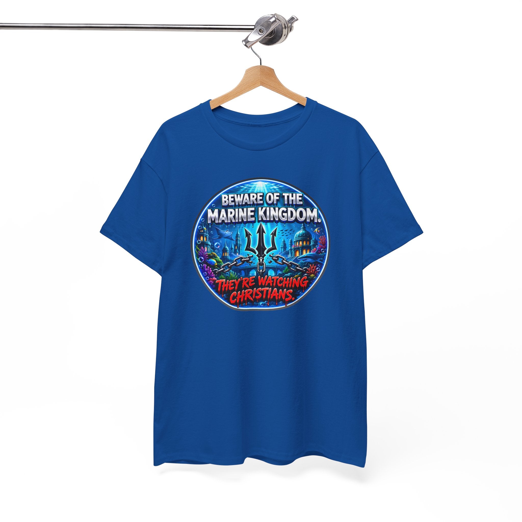 T‑Shirt — "Beware of the Marine Kingdom: They're Watching Christians" Vintage Ocean Graphic