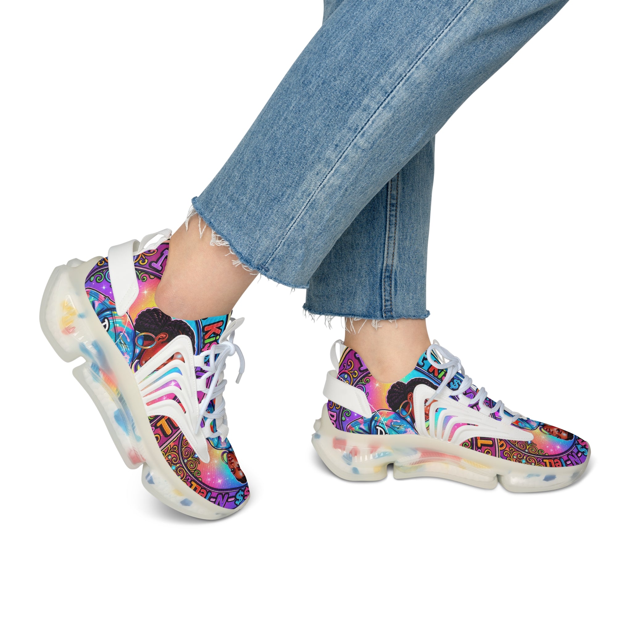 Women's Mesh Sneakers — Colorful Afrocentric Portrait Running Shoes with 'Don't Kiss' Graphic