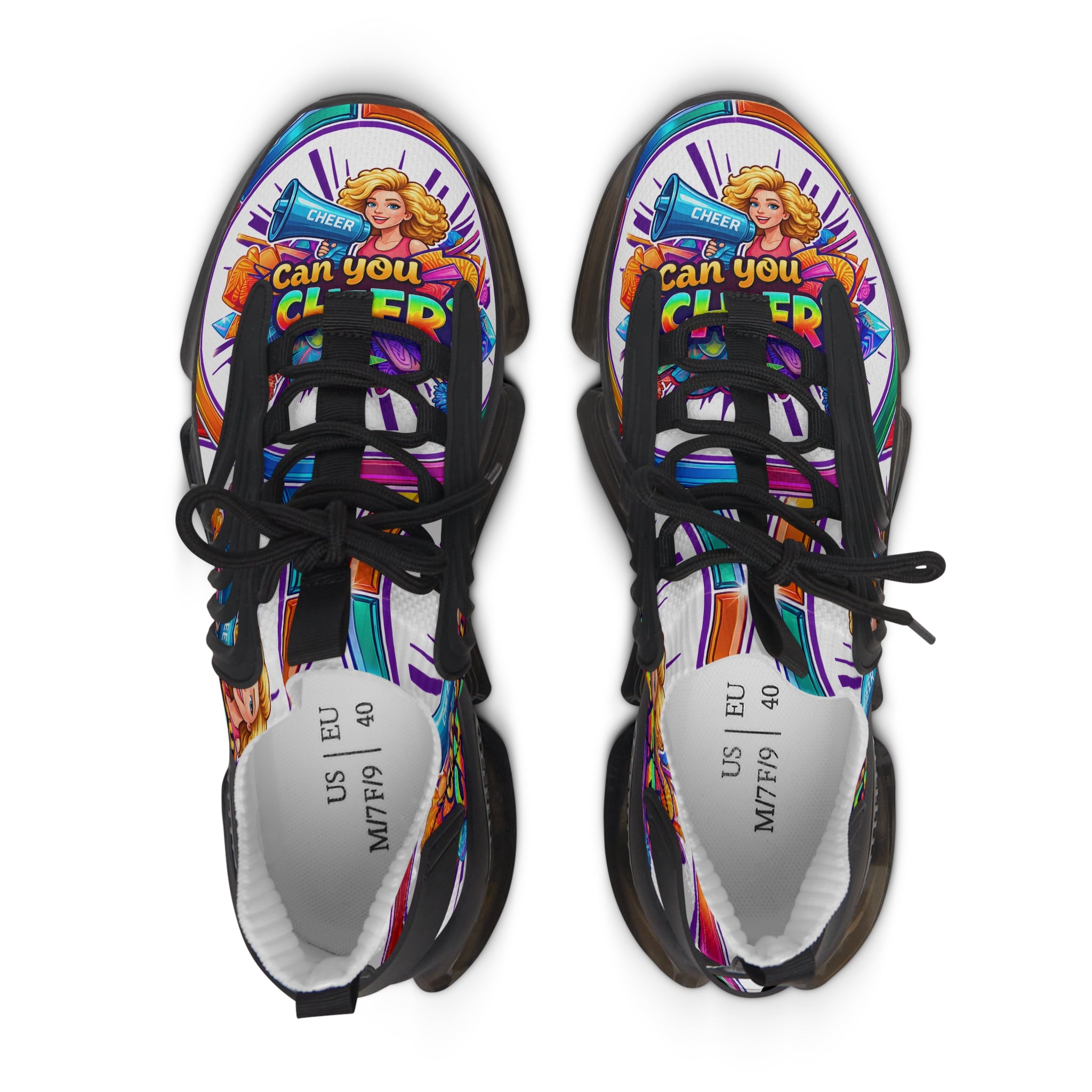 Colorful Cheerleader Mesh Sneakers — "Can You Cheer?" Graphic Women's Athletic Shoes