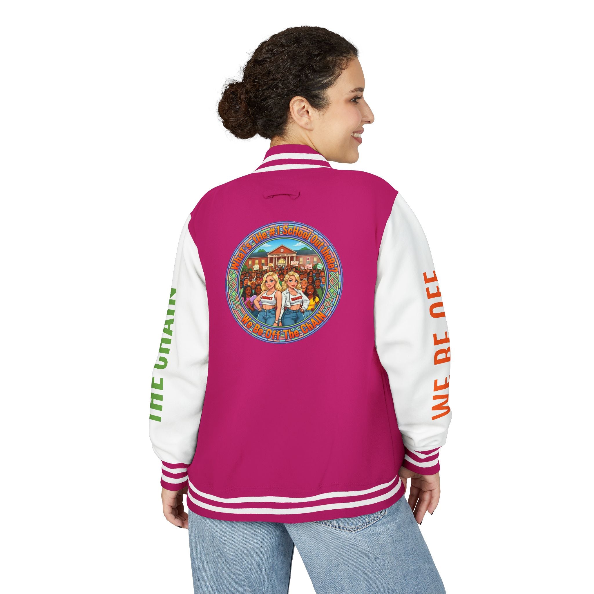 Retro Colorblock Letterman Jacket — 'We Be Off The Chain' Sleeve Print
