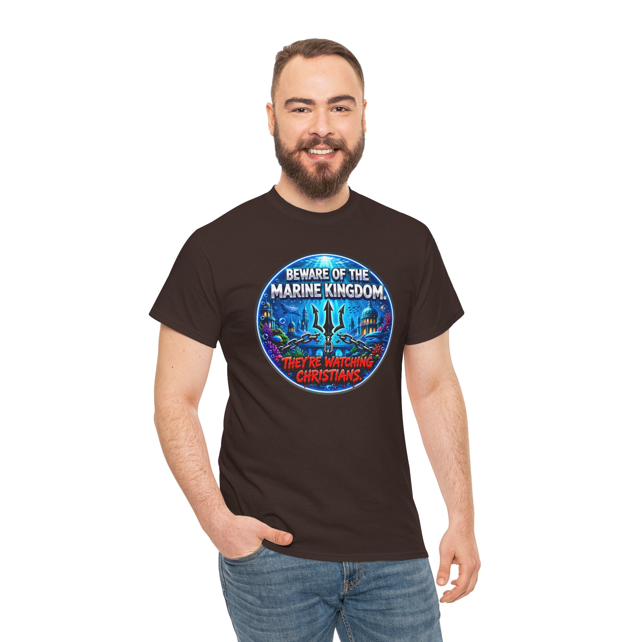 T‑Shirt — "Beware of the Marine Kingdom: They're Watching Christians" Vintage Ocean Graphic
