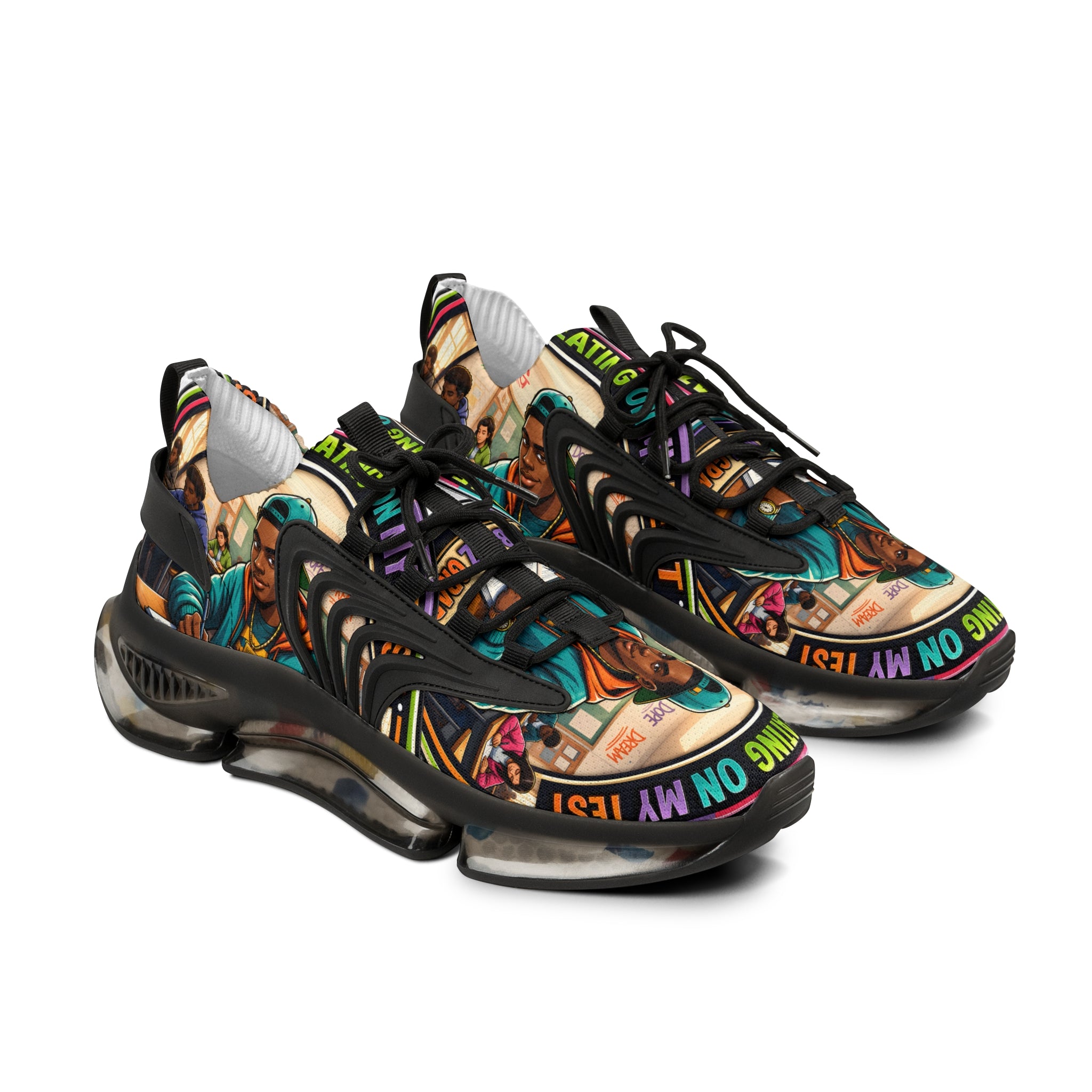 Men's Mesh Sneakers — Colorful Urban Art Graphic Trainers with 'Im Cheating On My Test' Design