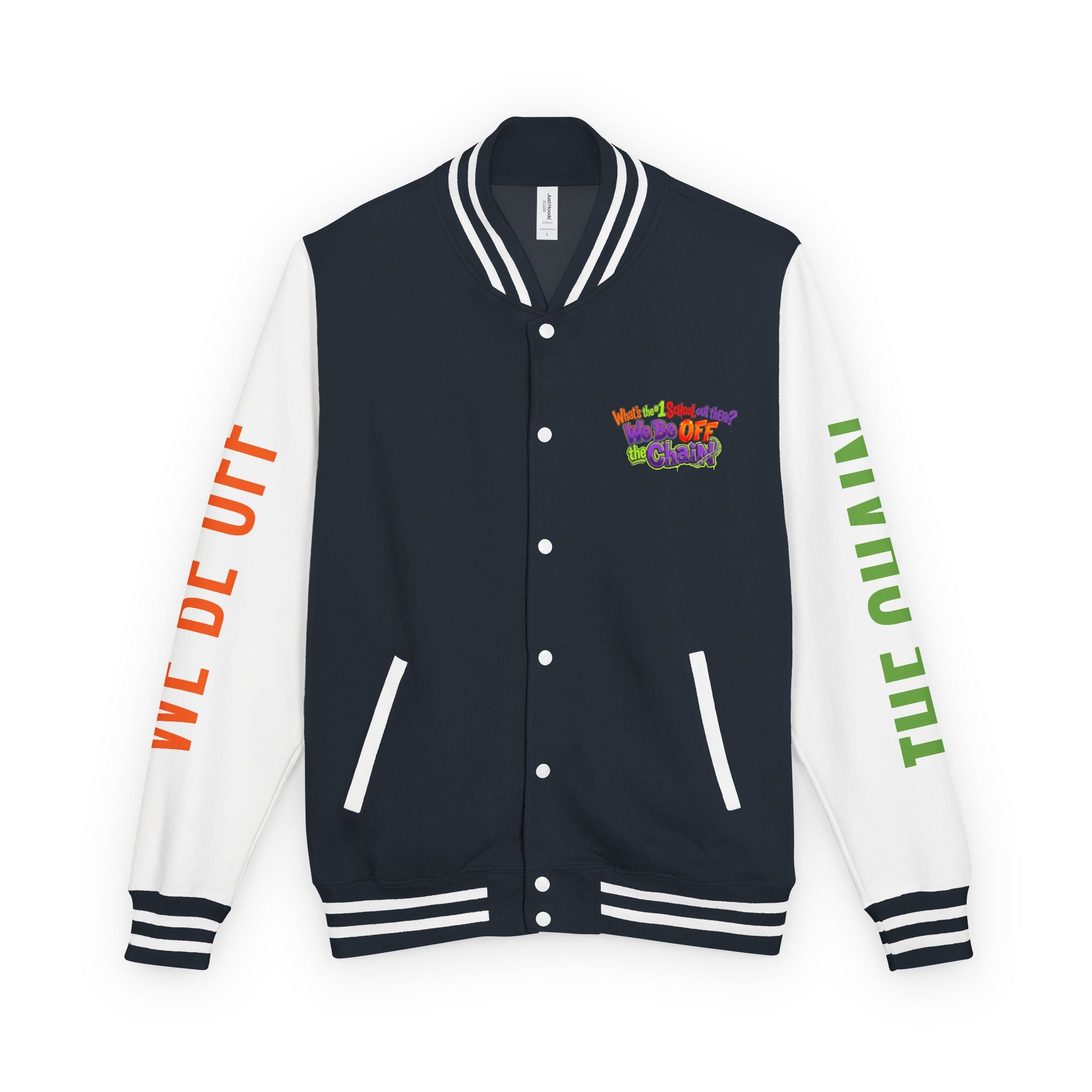 Retro Colorblock Letterman Jacket — 'We Be Off The Chain' Sleeve Print