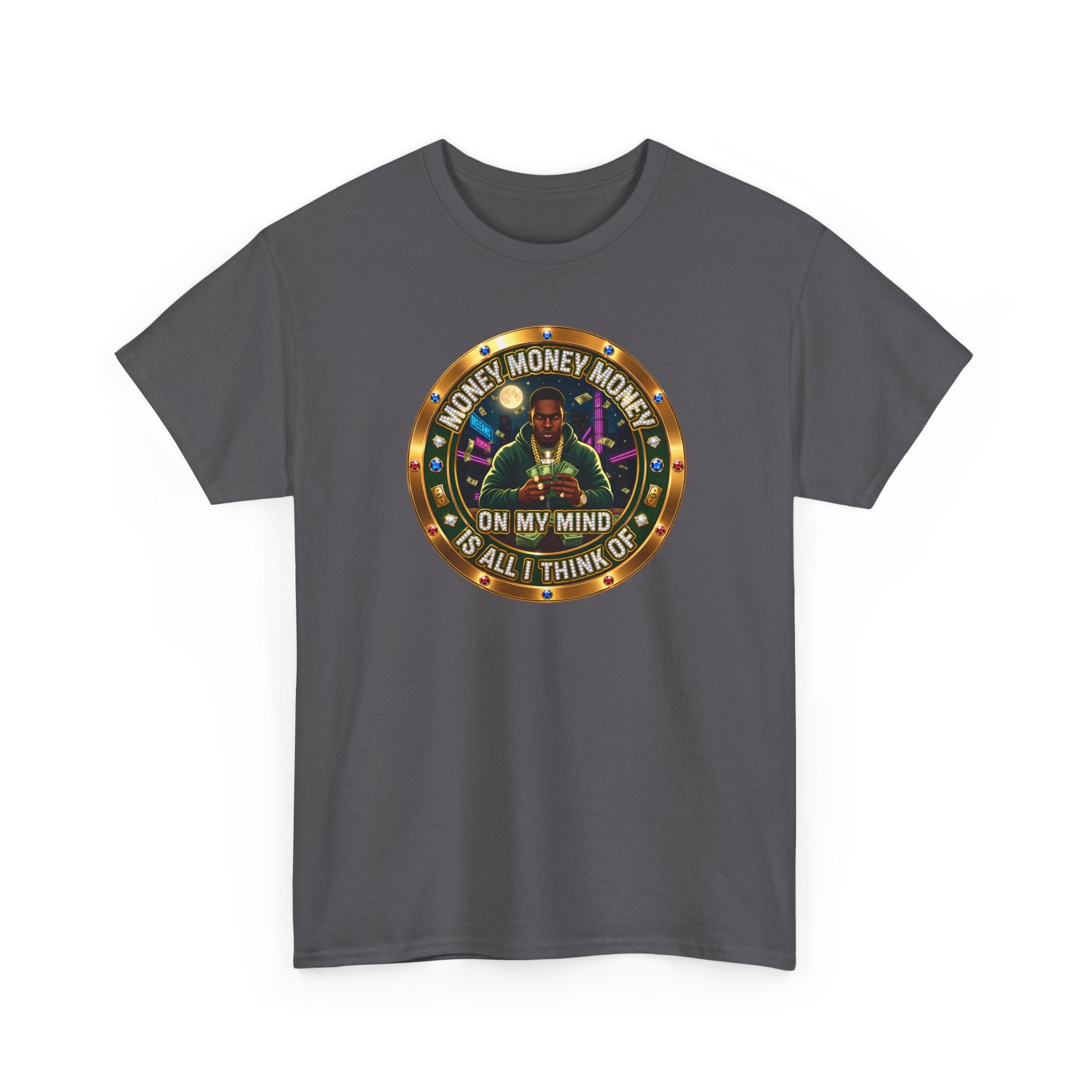"Money On My Mind" Graphic Tee — Retro Casino Coin Design