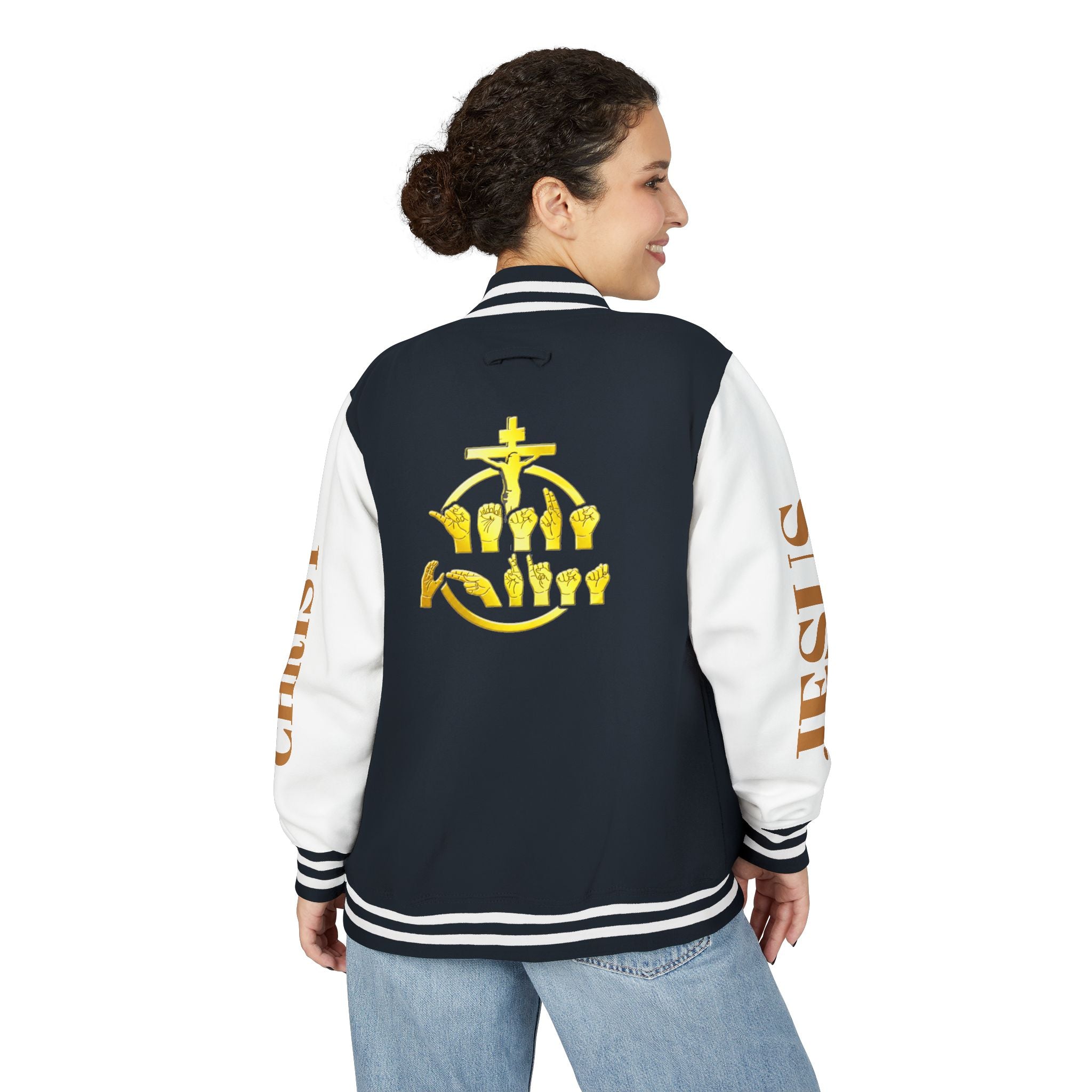 "Sign language Jesus Christ "     Christian Crown Letterman Jacket - 'Jesus Christ' Sleeve Varsity Jacket