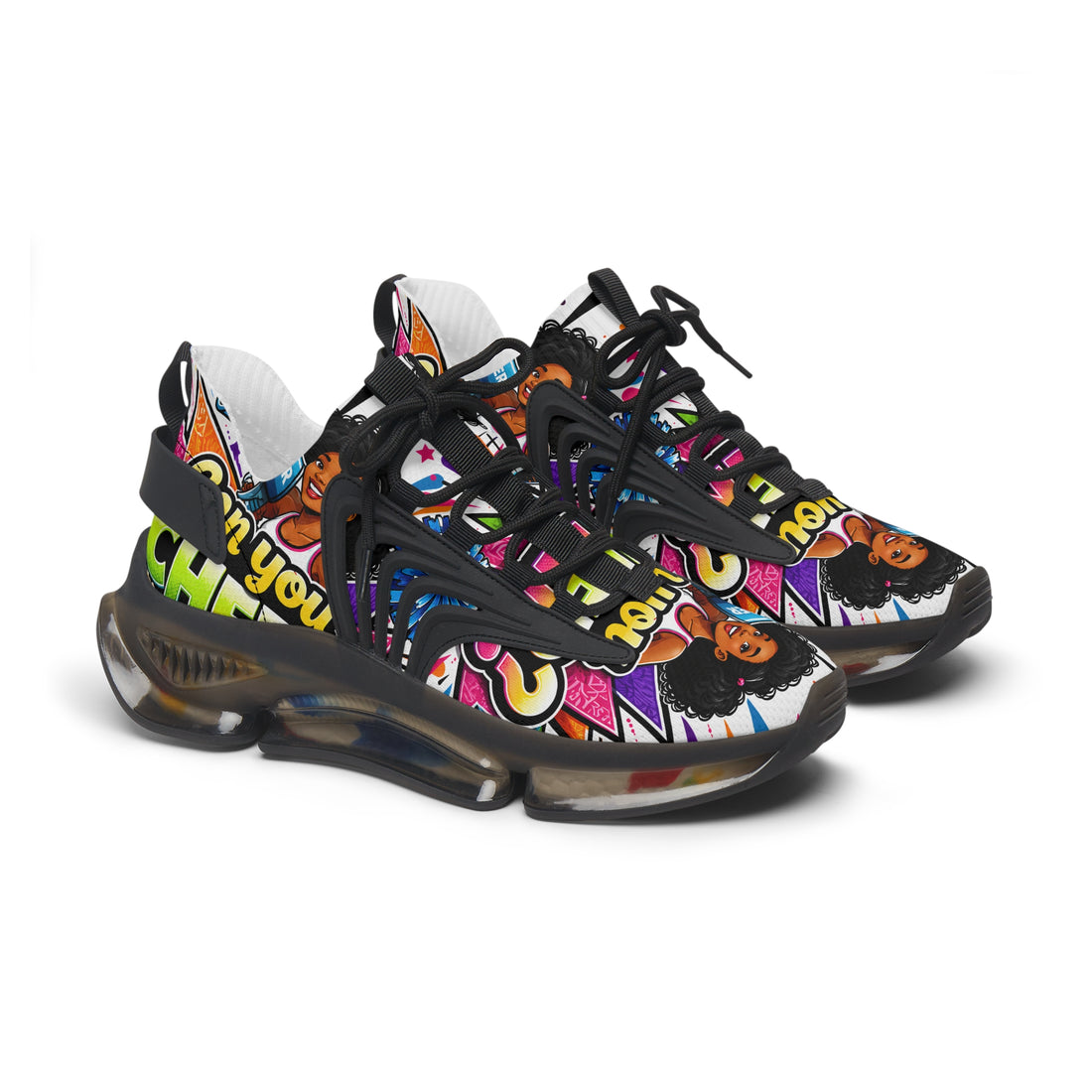 Women's Mesh Sneakers — Colorful Pop Art 'Can You Cheer?' Graphic Athletic Shoes