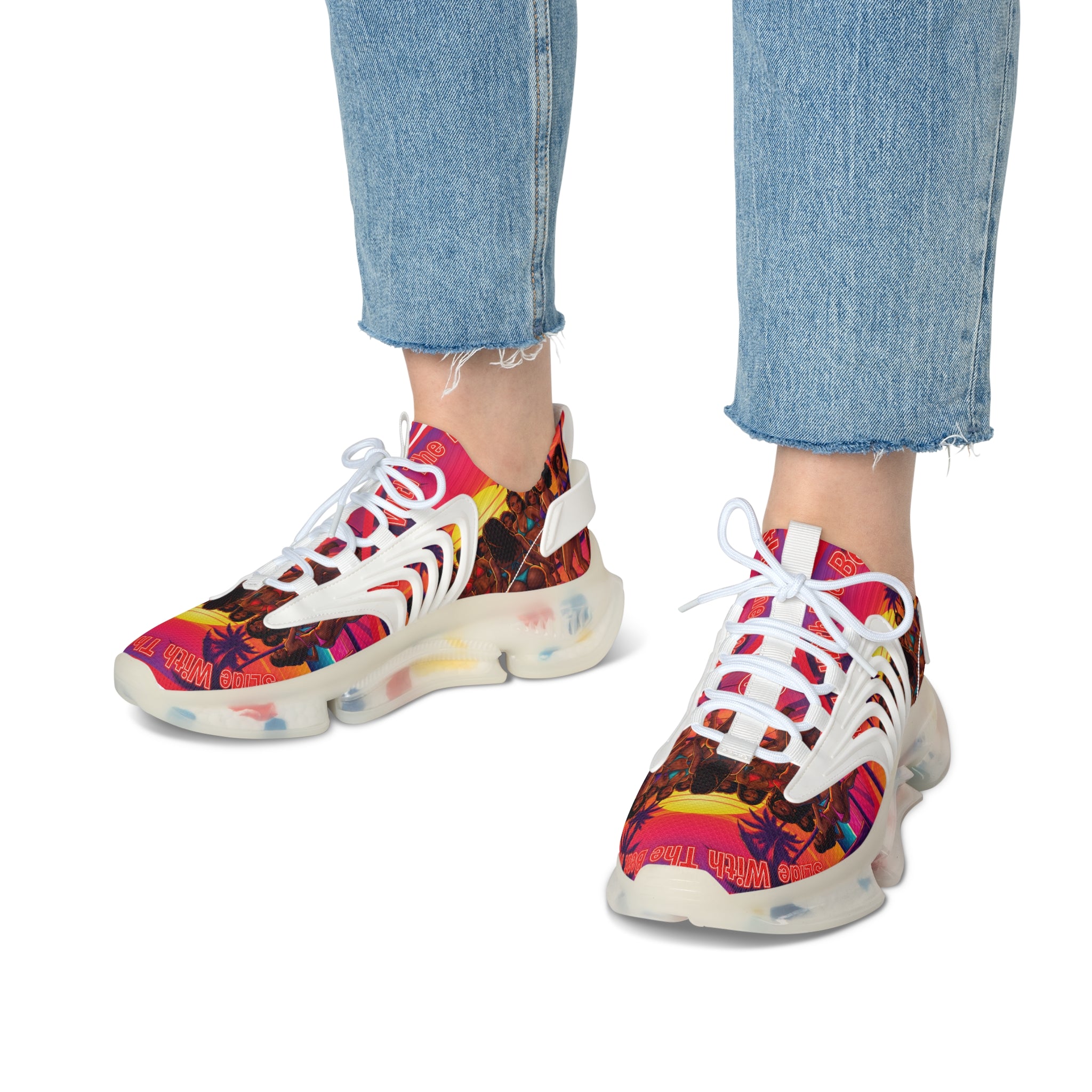 Women's Mesh Sneakers — Vibrant Sunset Beach Print Athletic Shoes