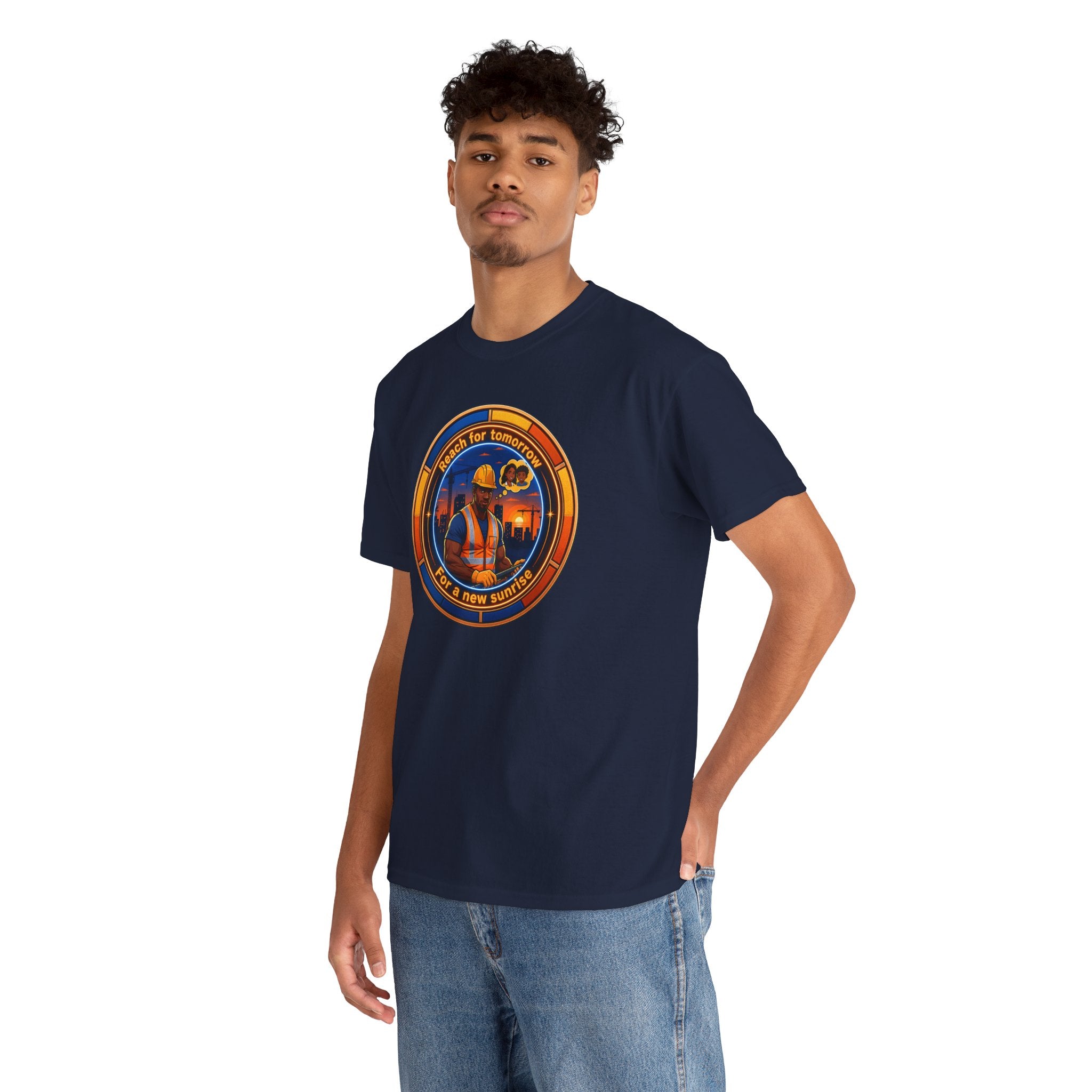 Construction Worker Sunset Tee — “Reach for Tomorrow ” Safety Crew T-Shirt