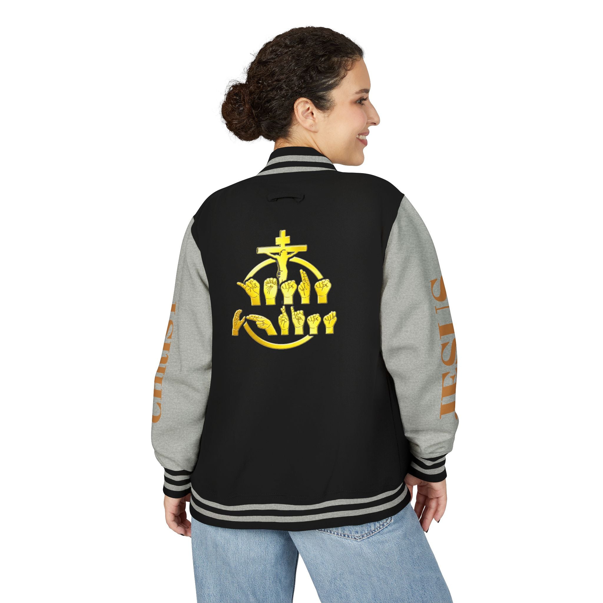 "Sign language Jesus Christ "     Christian Crown Letterman Jacket - 'Jesus Christ' Sleeve Varsity Jacket