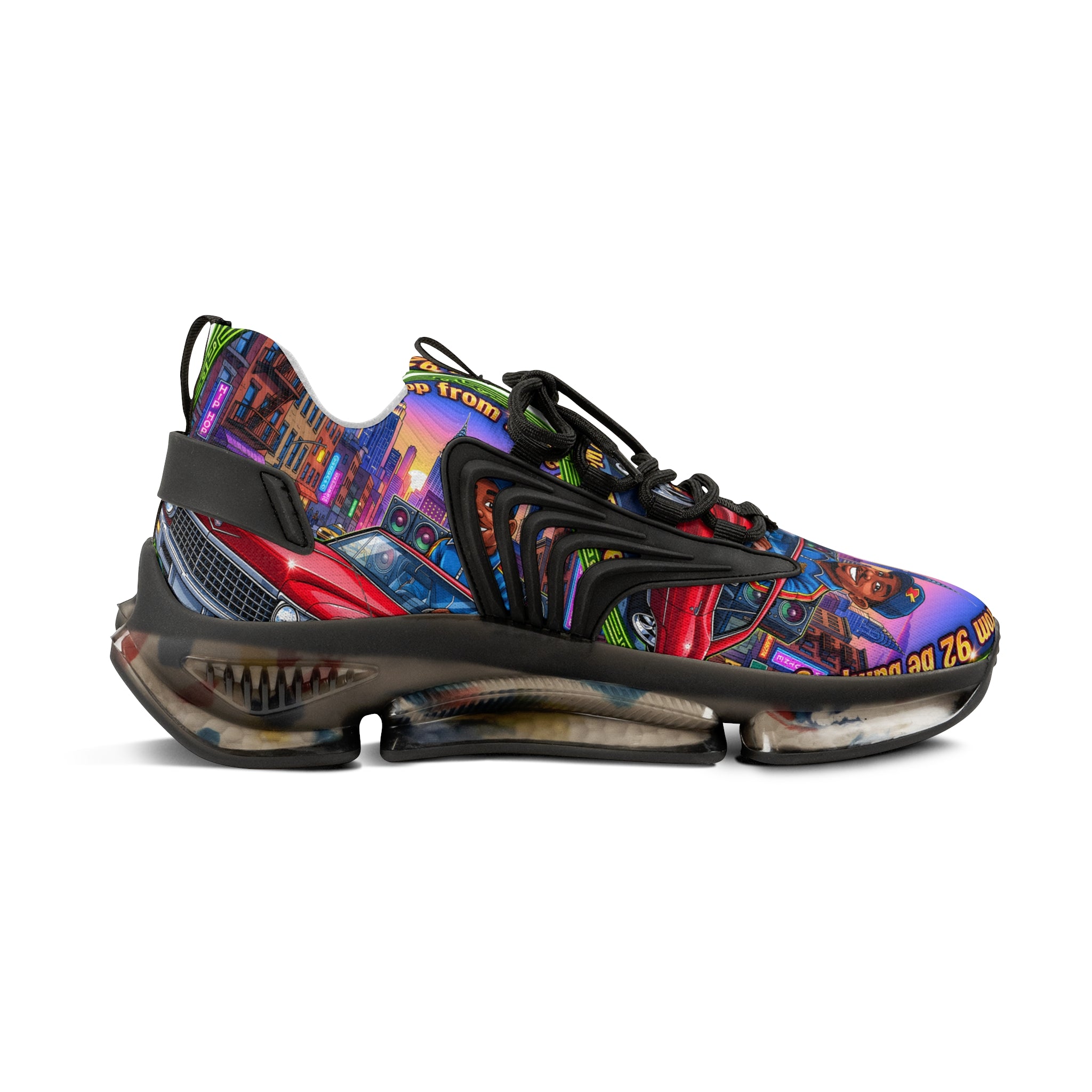 Custom Graphic Mesh Sneakers — "That Hip-hop From 92 Be Bumping" Colorful Cityscape Portrait Design