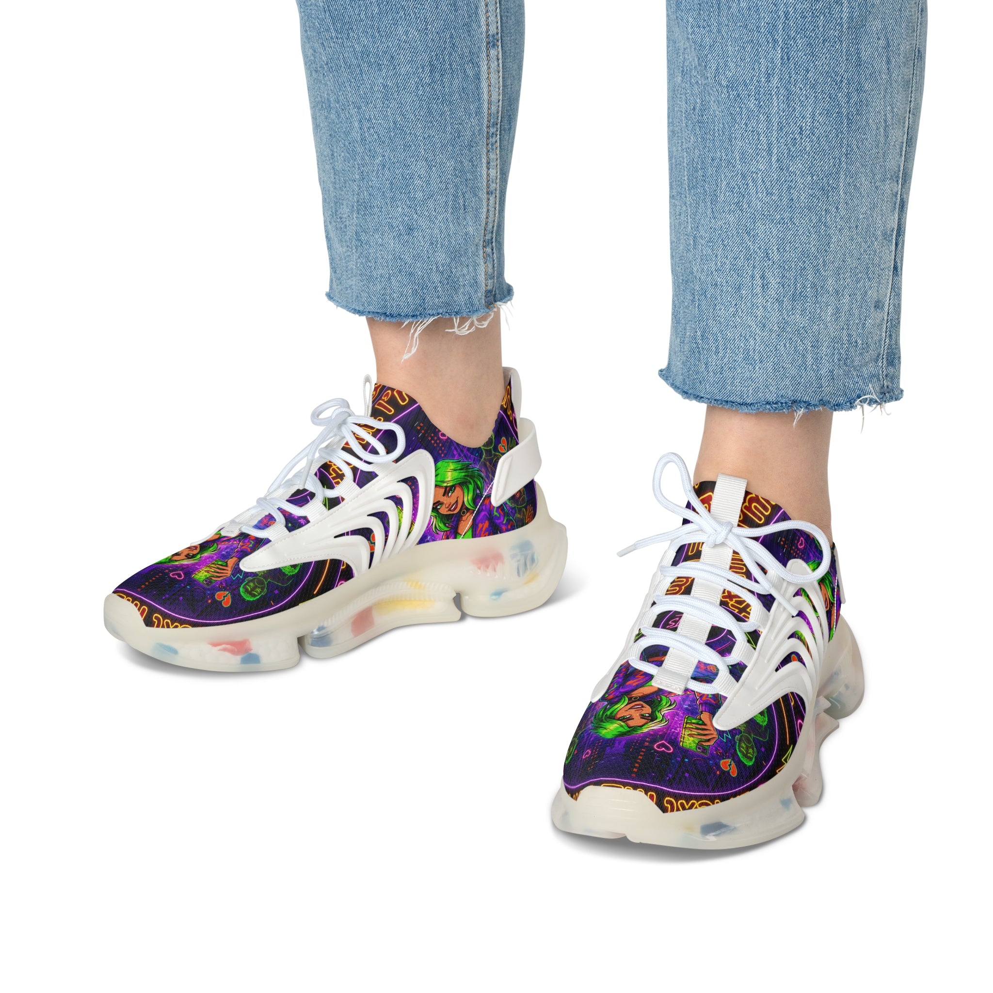 Mesh Sneakers — Neon Green Witch Graphic Athletic Shoes