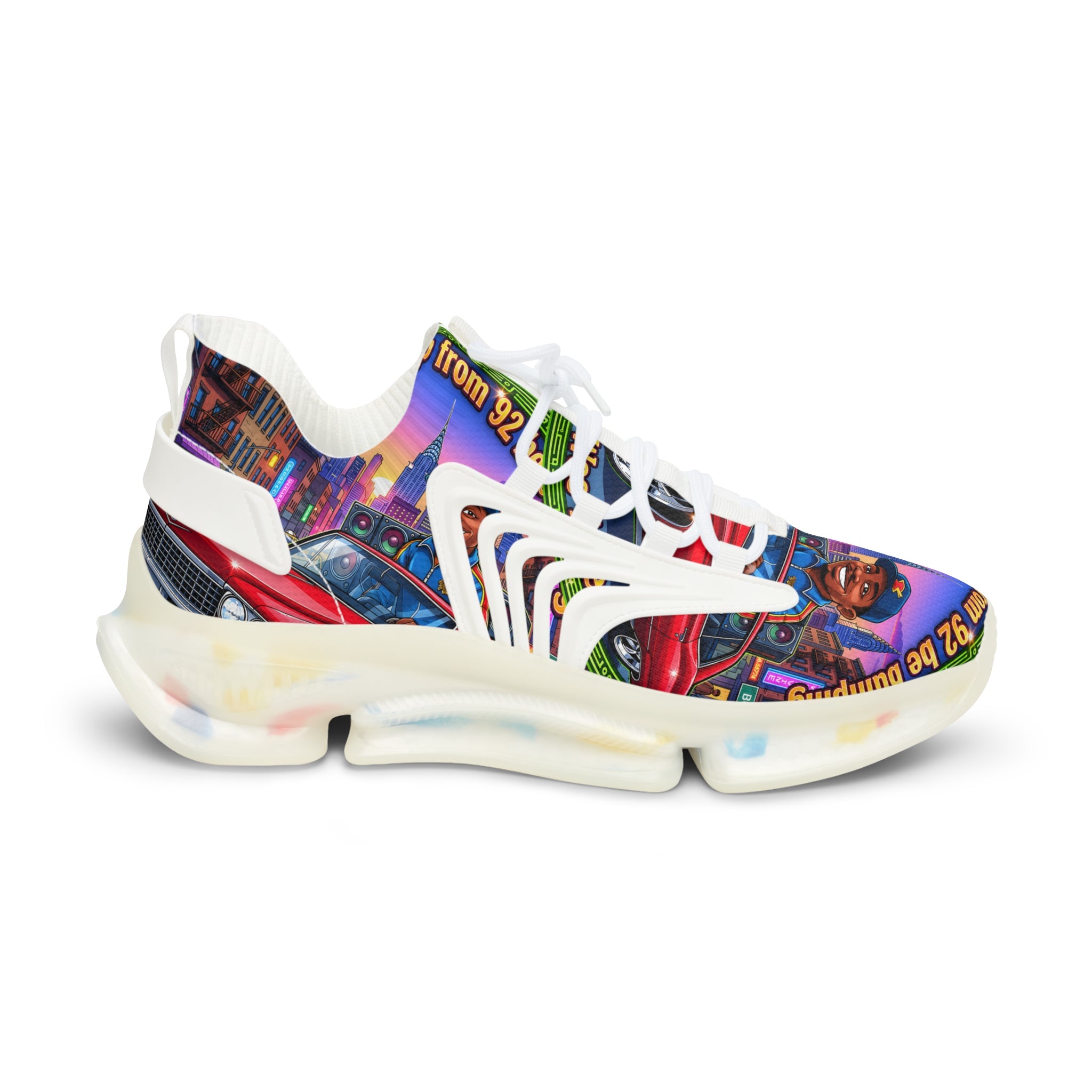 Custom Graphic Mesh Sneakers — "That Hip-hop From 92 Be Bumping" Colorful Cityscape Portrait Design