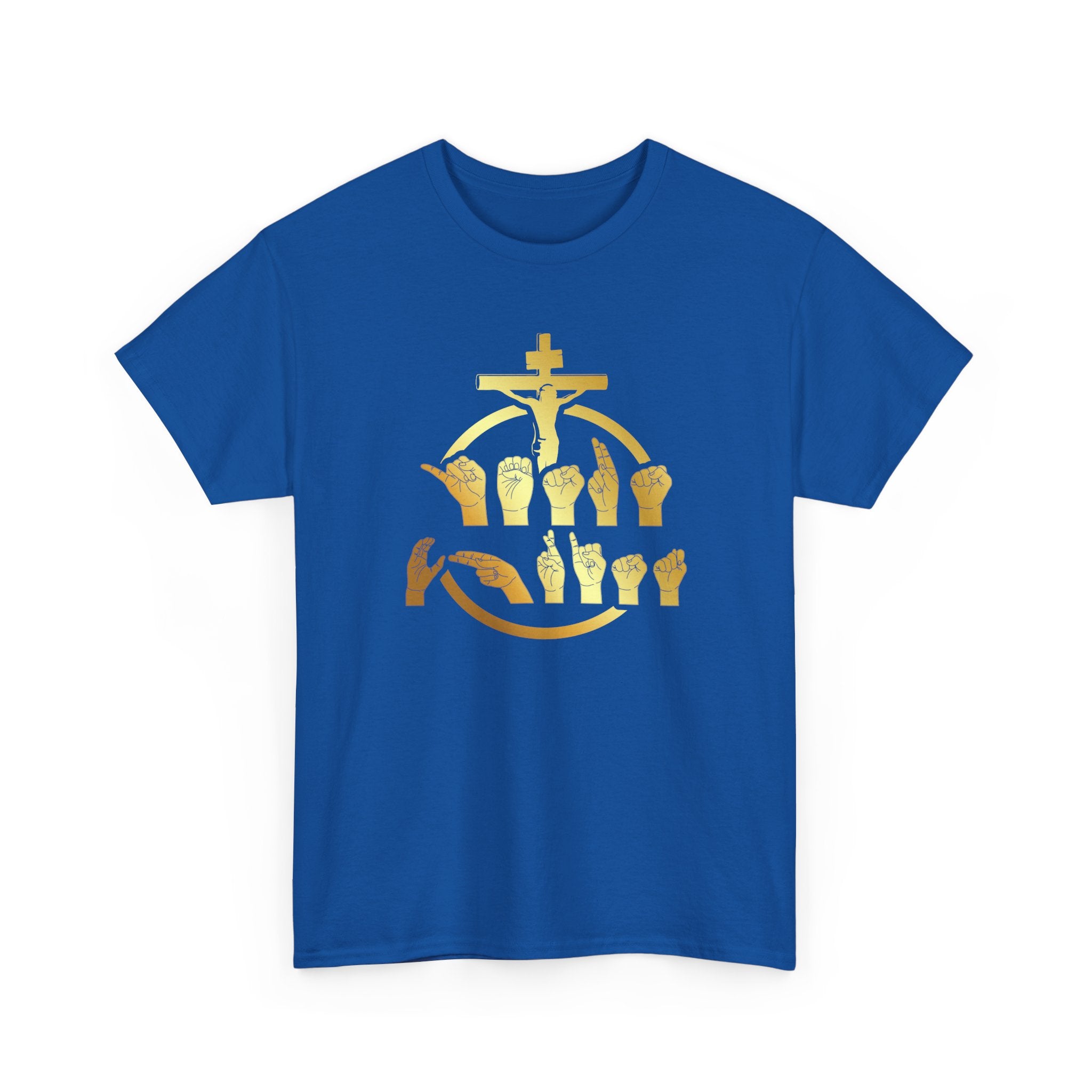 Christian Cross & Praying Hands T-Shirt — Gold Faith Design