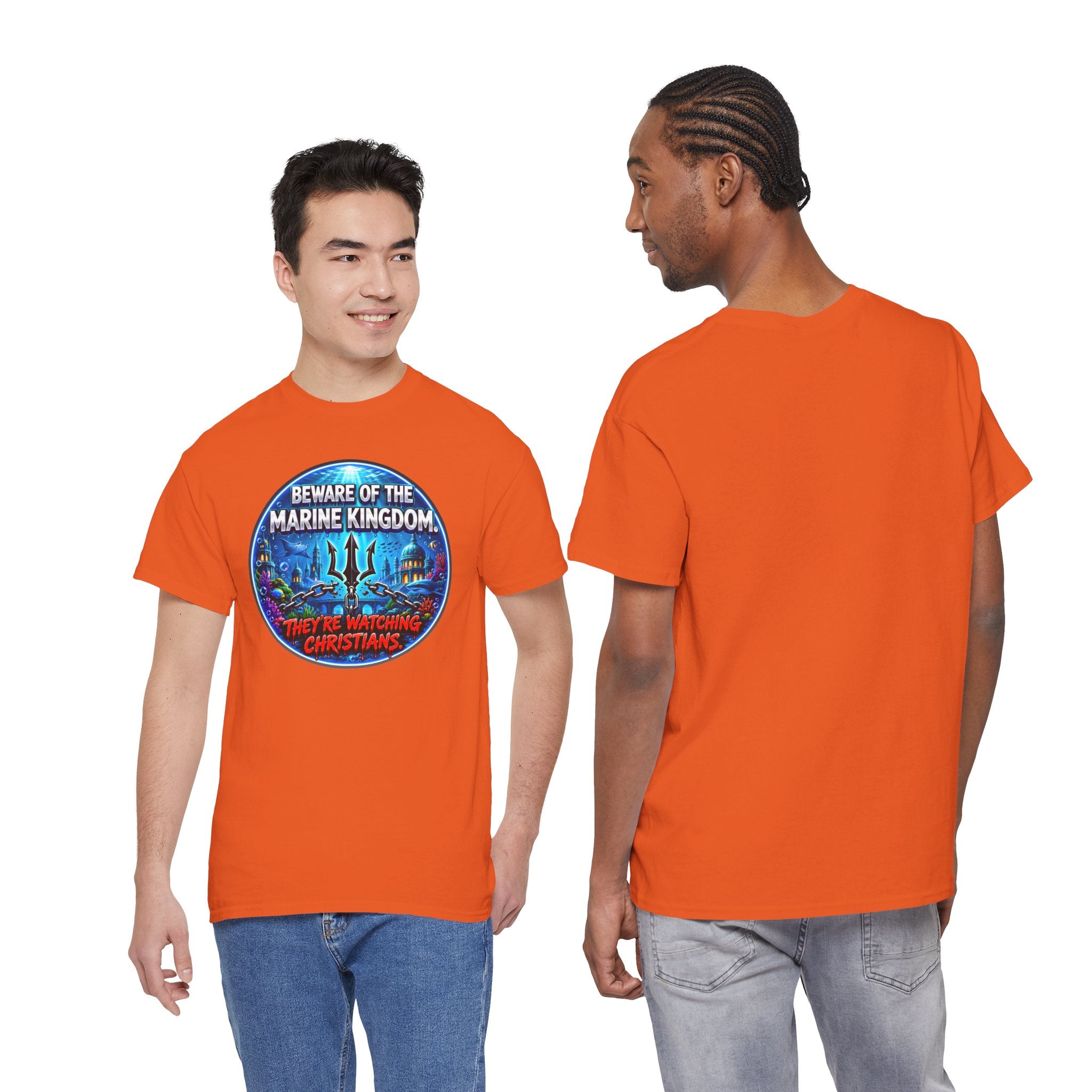 T‑Shirt — "Beware of the Marine Kingdom: They're Watching Christians" Vintage Ocean Graphic