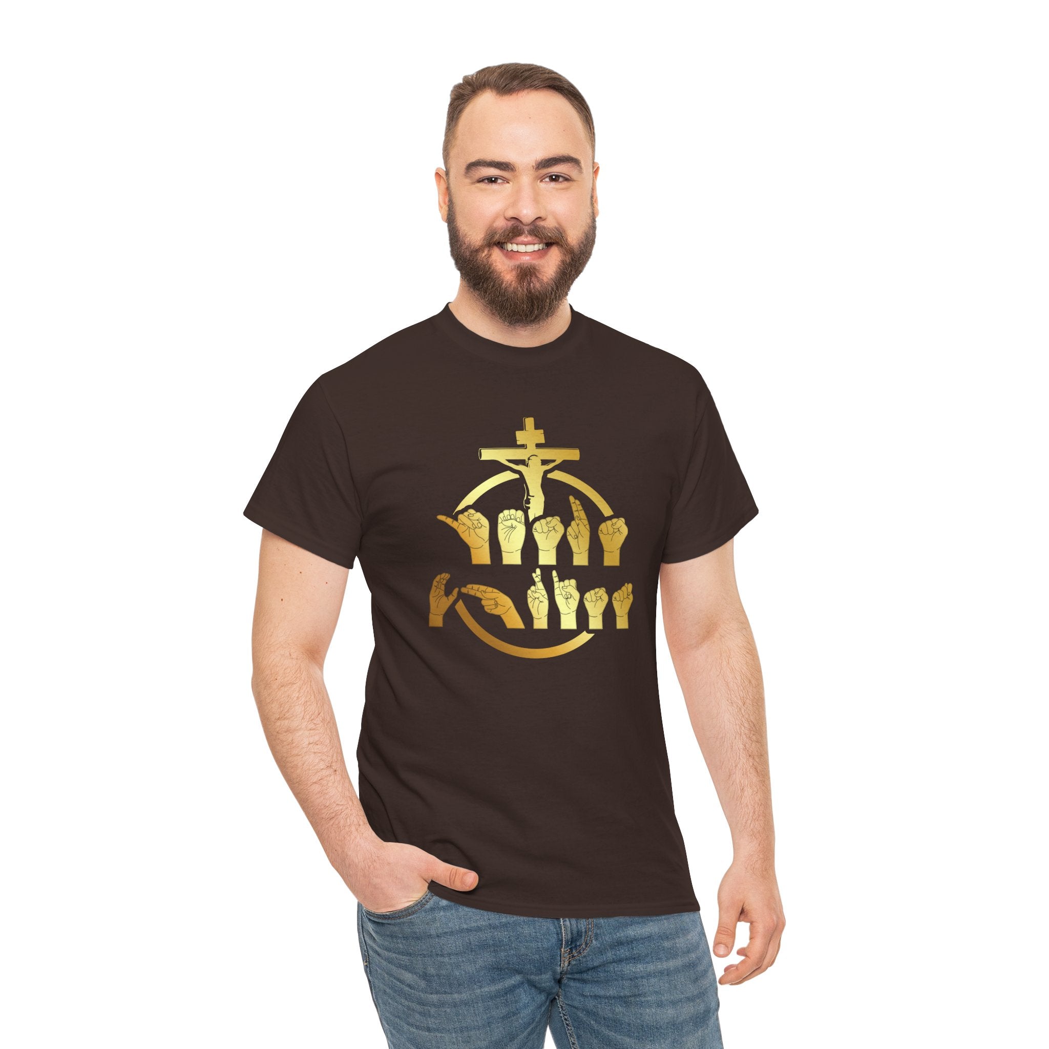Christian Cross & Praying Hands T-Shirt — Gold Faith Design