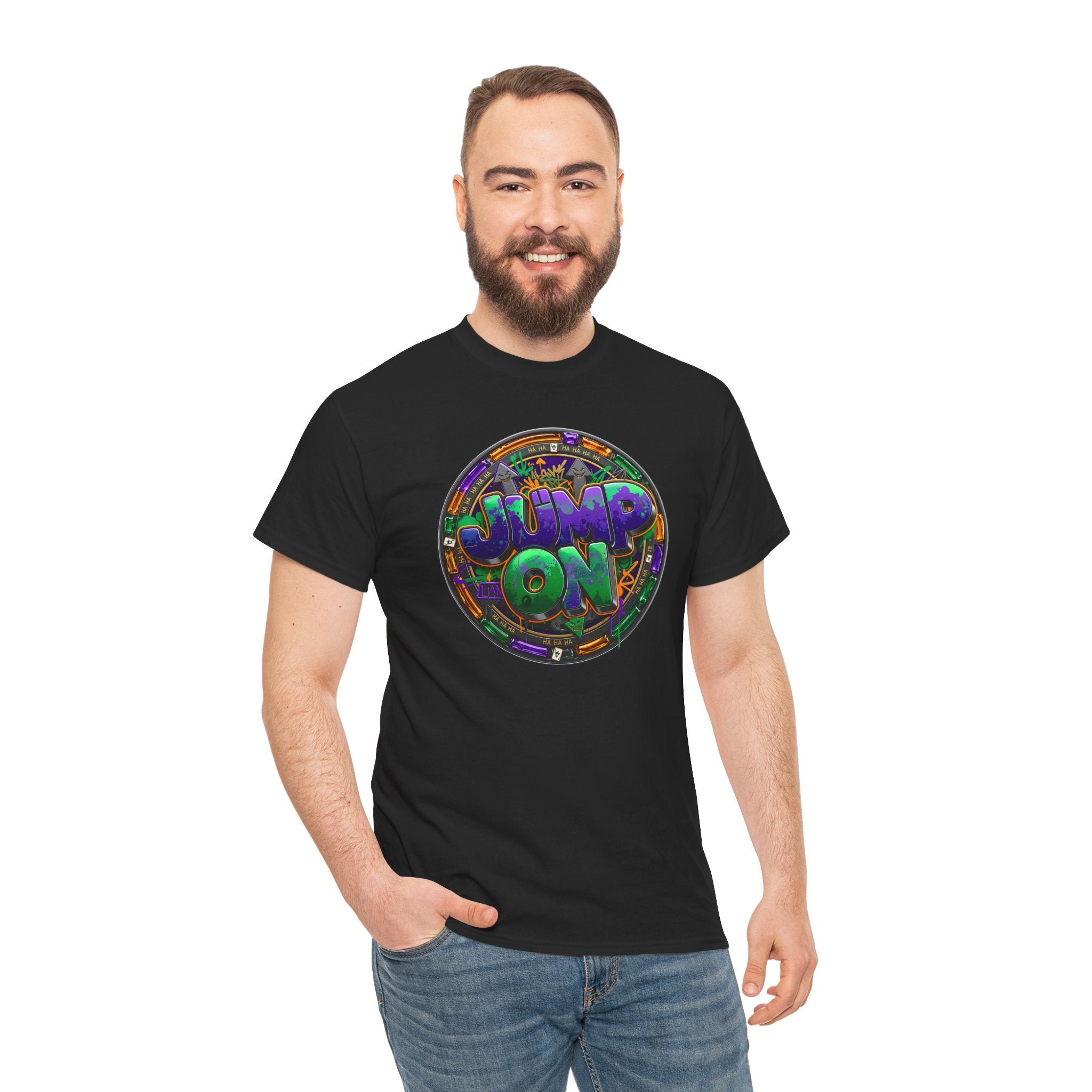 " Jump On" Circle Graphic Tee — Retro Neon Streetwear T-Shirt