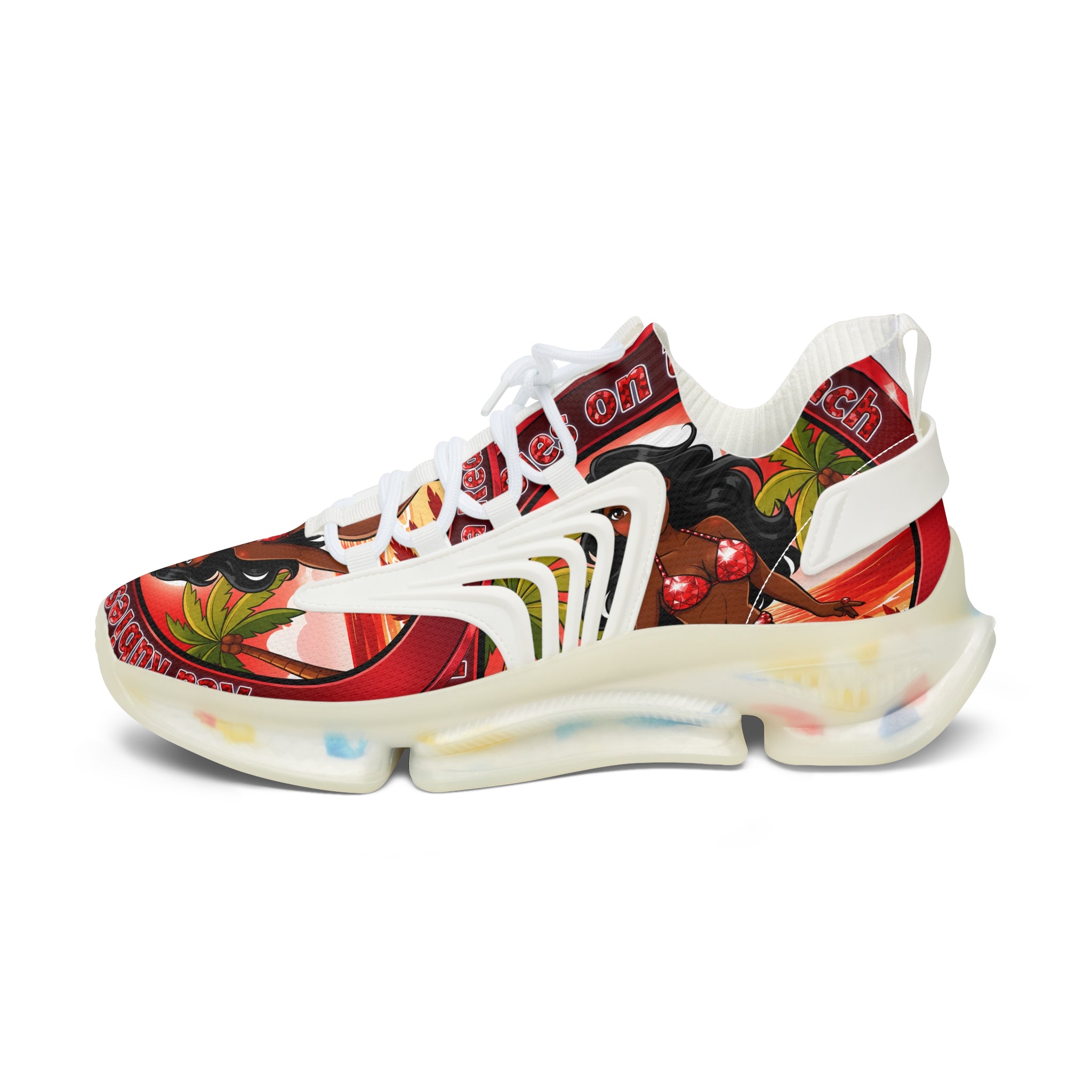 Women’s Mesh Sneakers —"Red Rubies On The Beach" Tropical Pinup Graphic Athletic Shoes