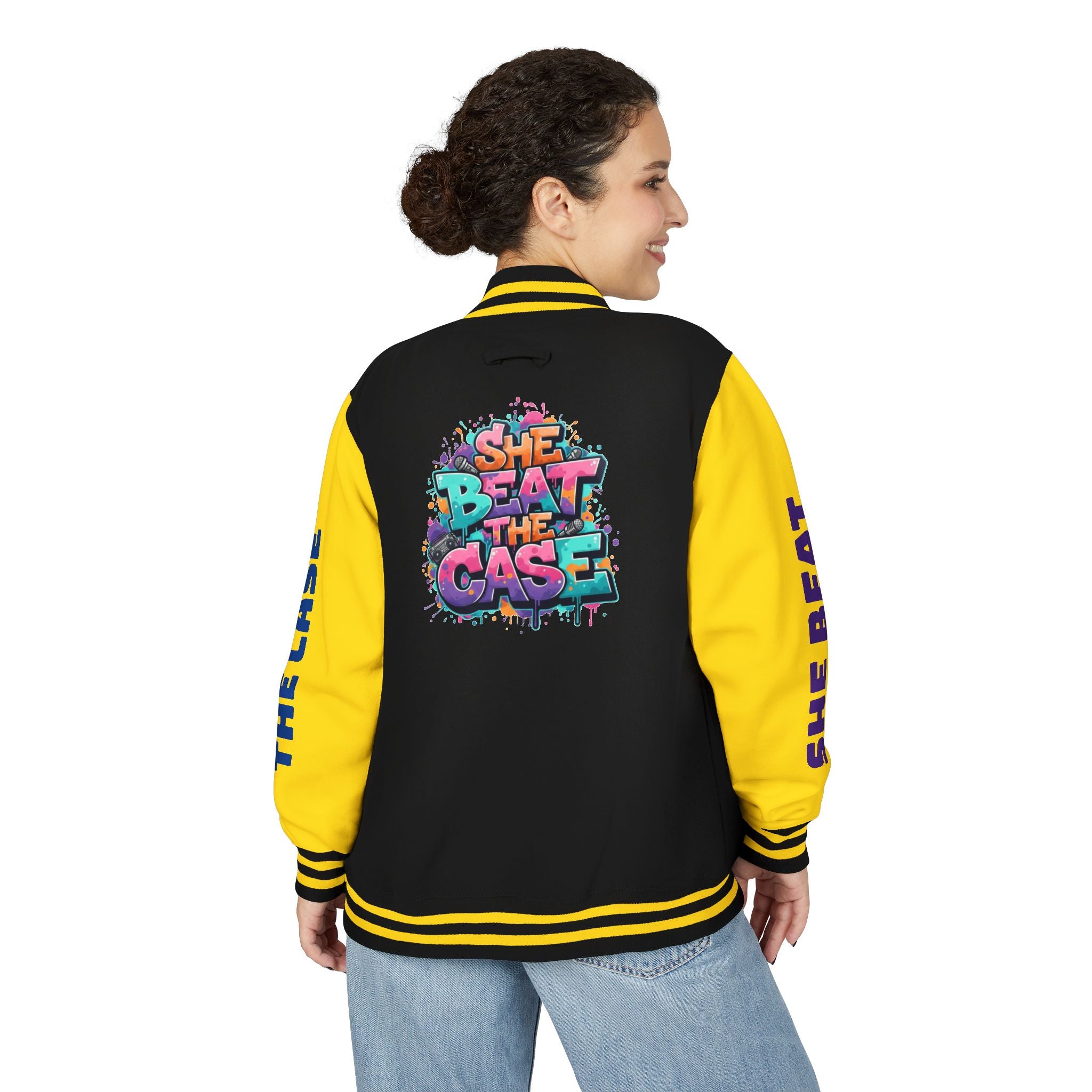 Letterman Jacket — “She Beat the Case” Colorful Graffiti Backprint