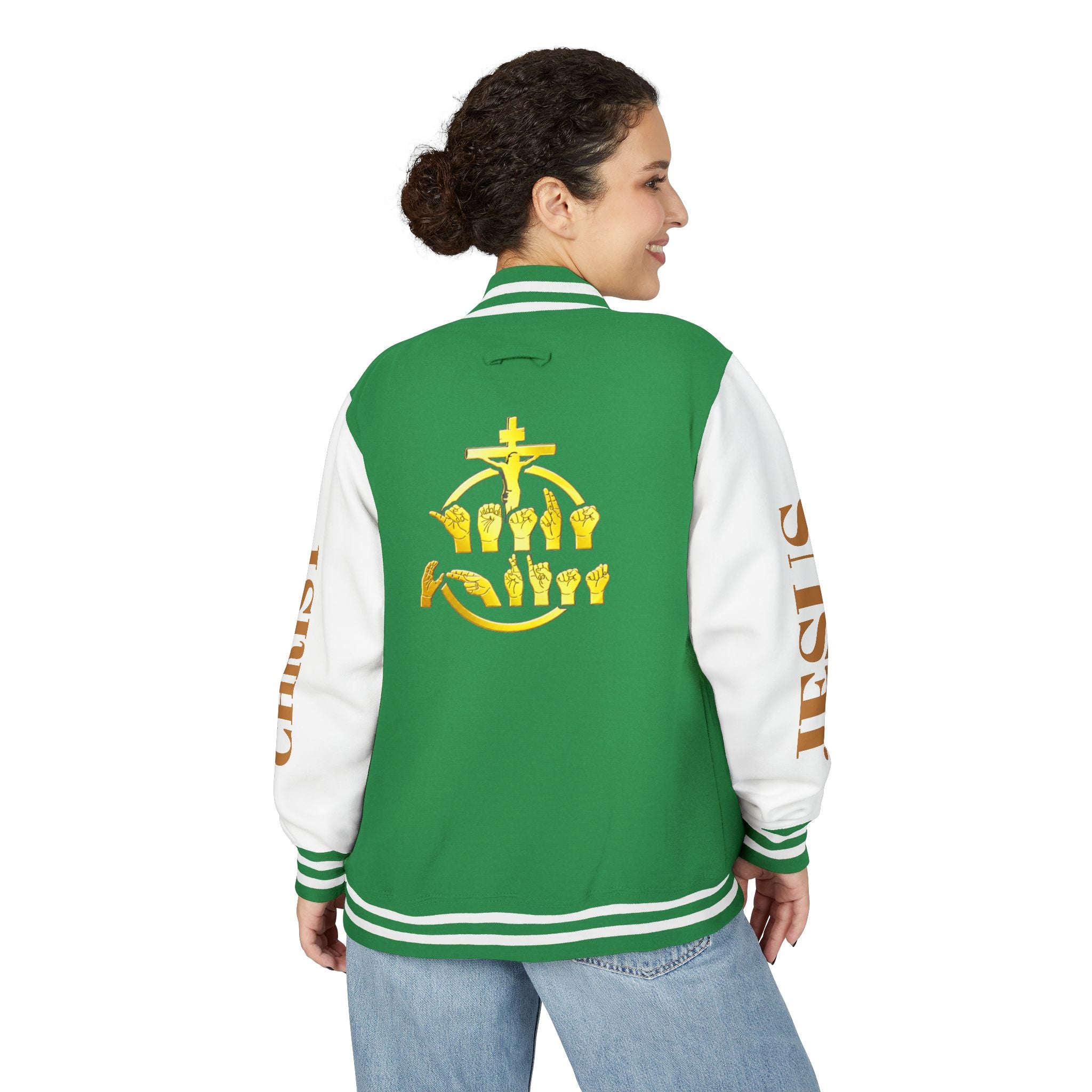 "Sign language Jesus Christ "     Christian Crown Letterman Jacket - 'Jesus Christ' Sleeve Varsity Jacket