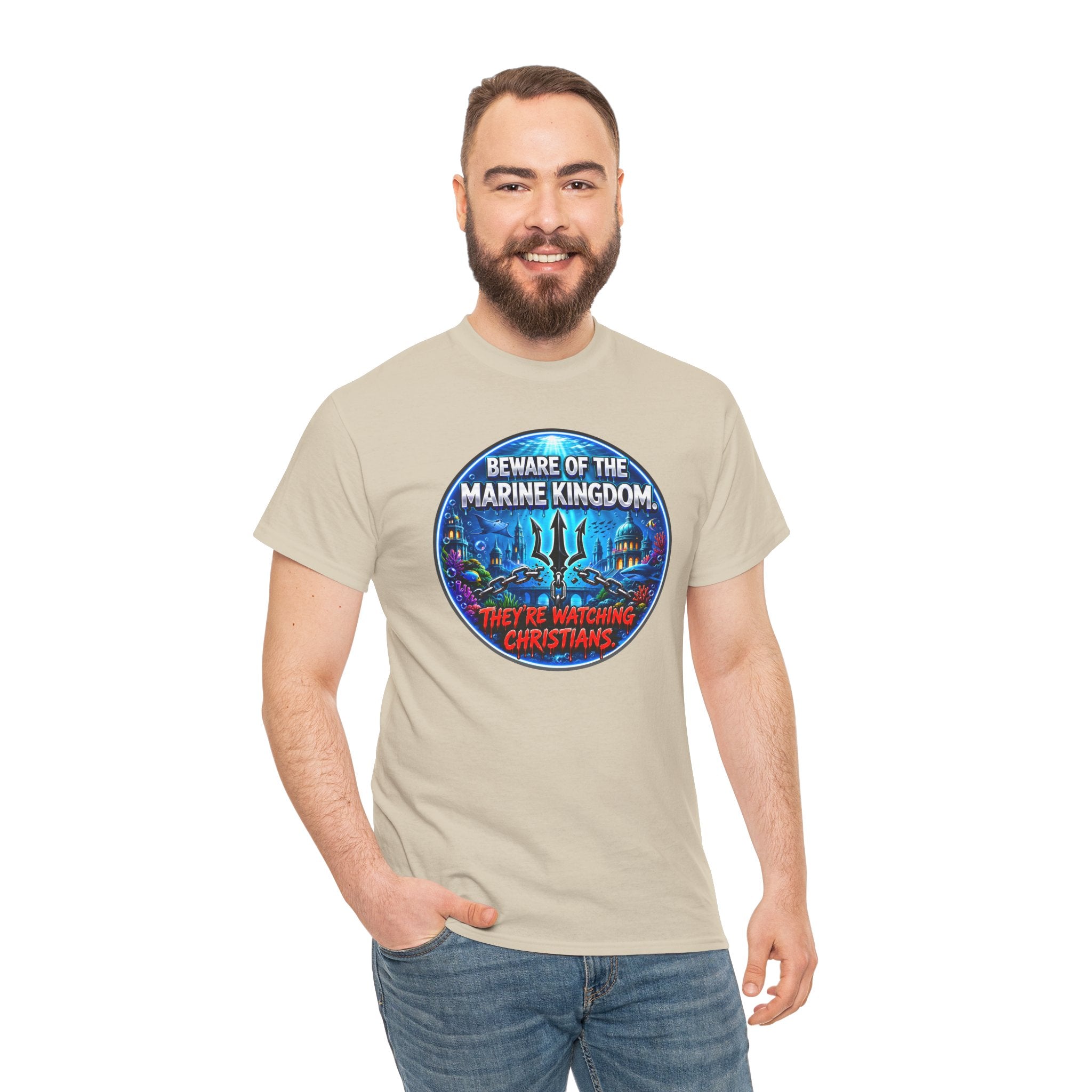 T‑Shirt — "Beware of the Marine Kingdom: They're Watching Christians" Vintage Ocean Graphic