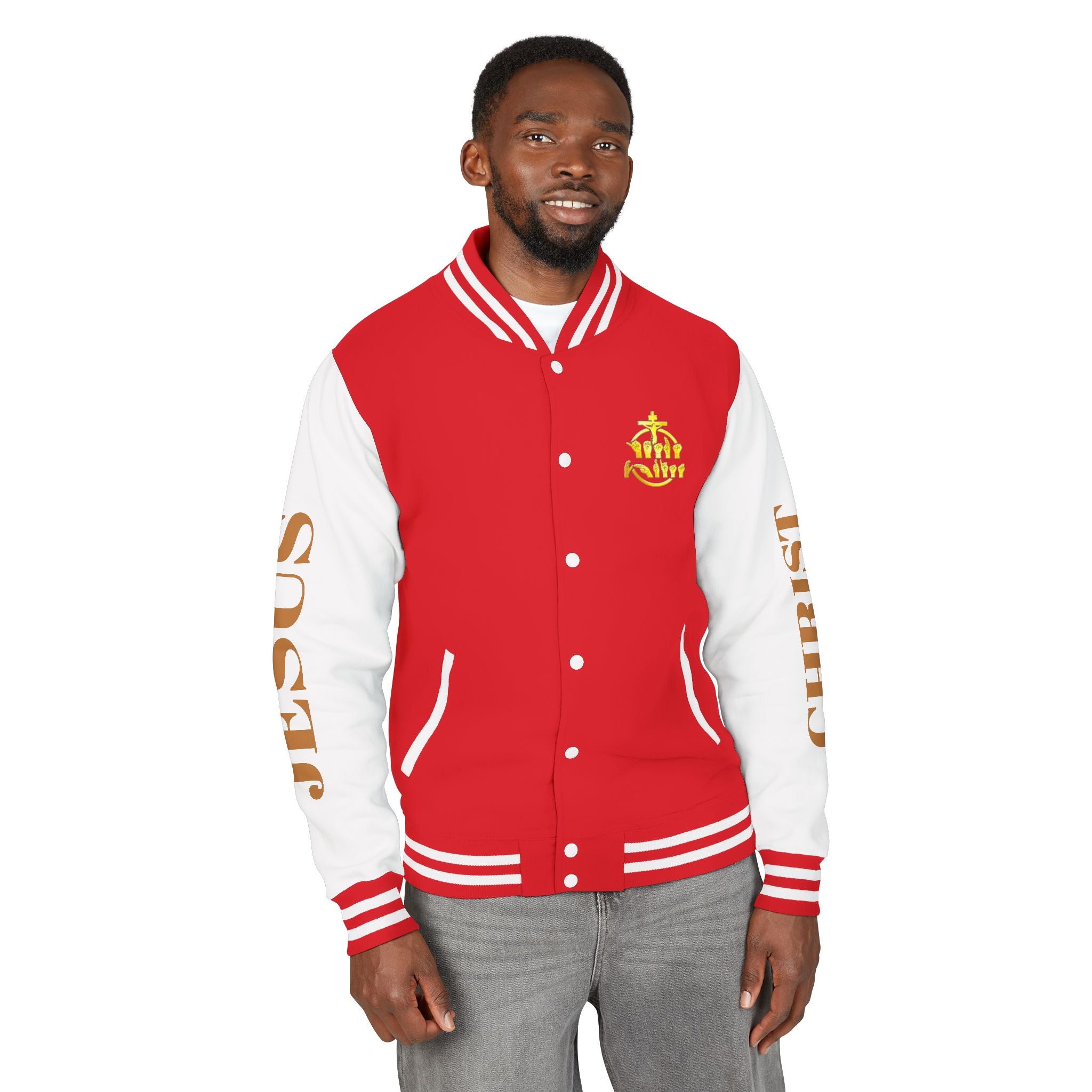 "Sign language Jesus Christ "     Christian Crown Letterman Jacket - 'Jesus Christ' Sleeve Varsity Jacket