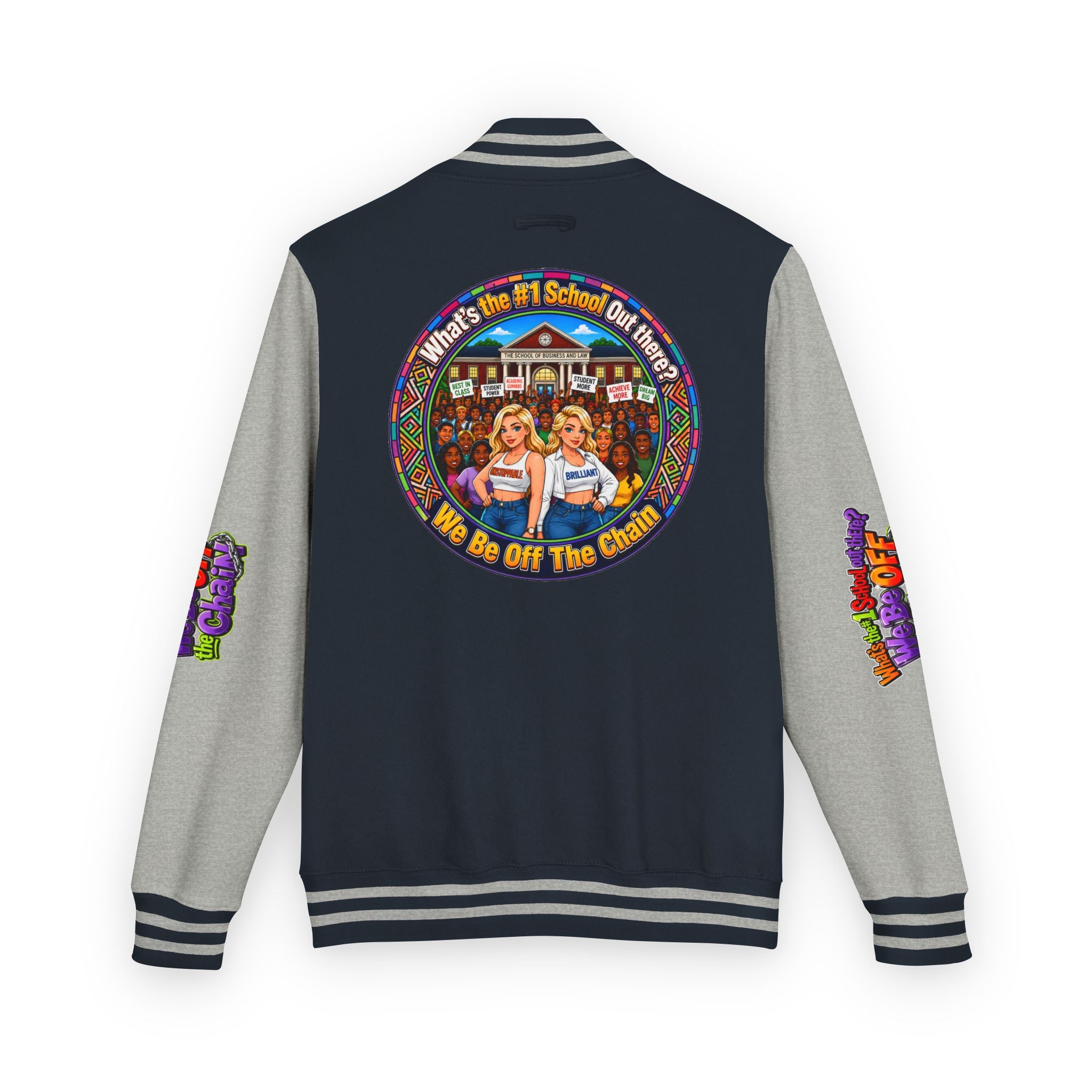 Letterman Jacket — Colorful School Spirit "We Be Off The Chain" Varsity Jacket