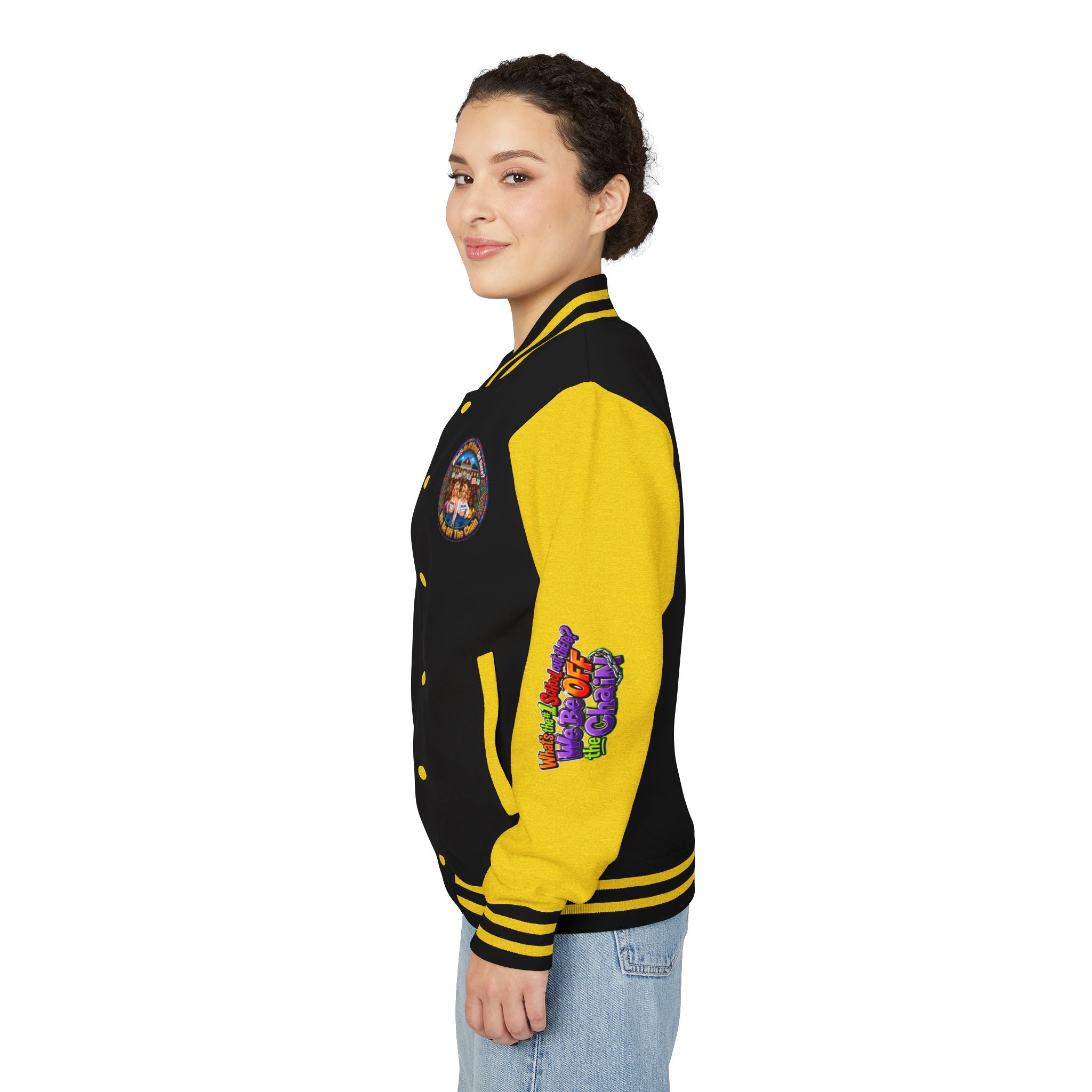 Letterman Jacket — Colorful School Spirit "We Be Off The Chain" Varsity Jacket