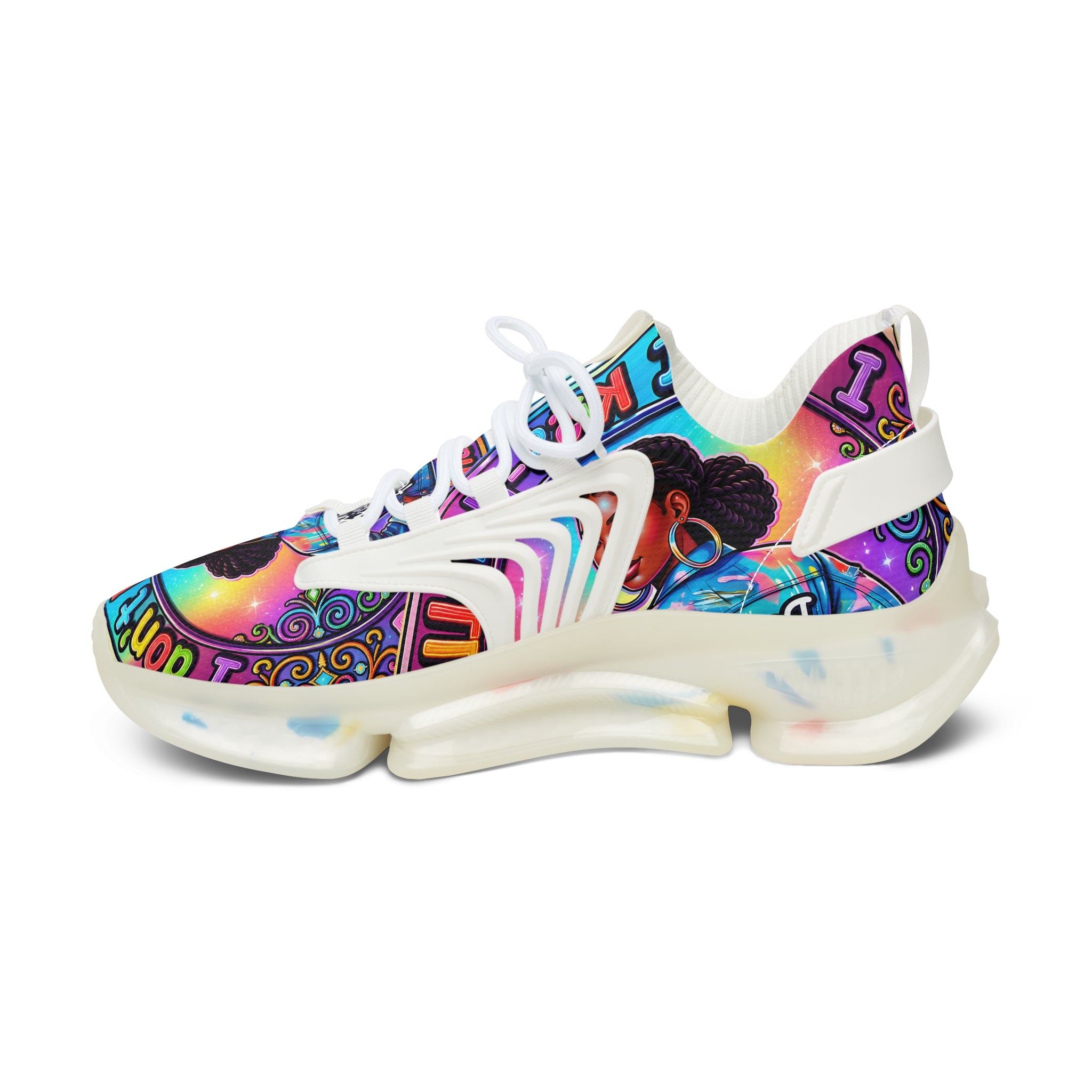 Women's Mesh Sneakers — Colorful Afrocentric Portrait Running Shoes with 'Don't Kiss' Graphic