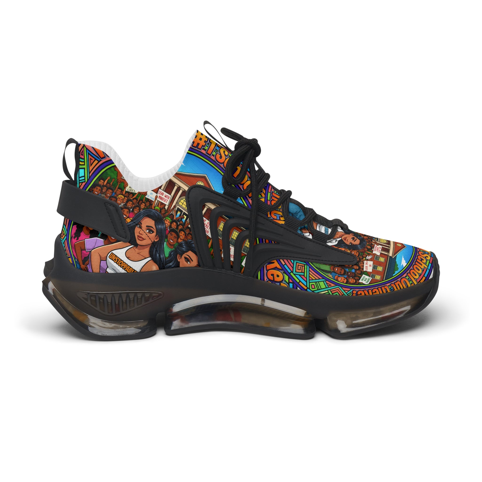 Mesh Sneakers — " What's The #1 School Out There " Colorful Retro School Girl Graphic Athletic Shoes