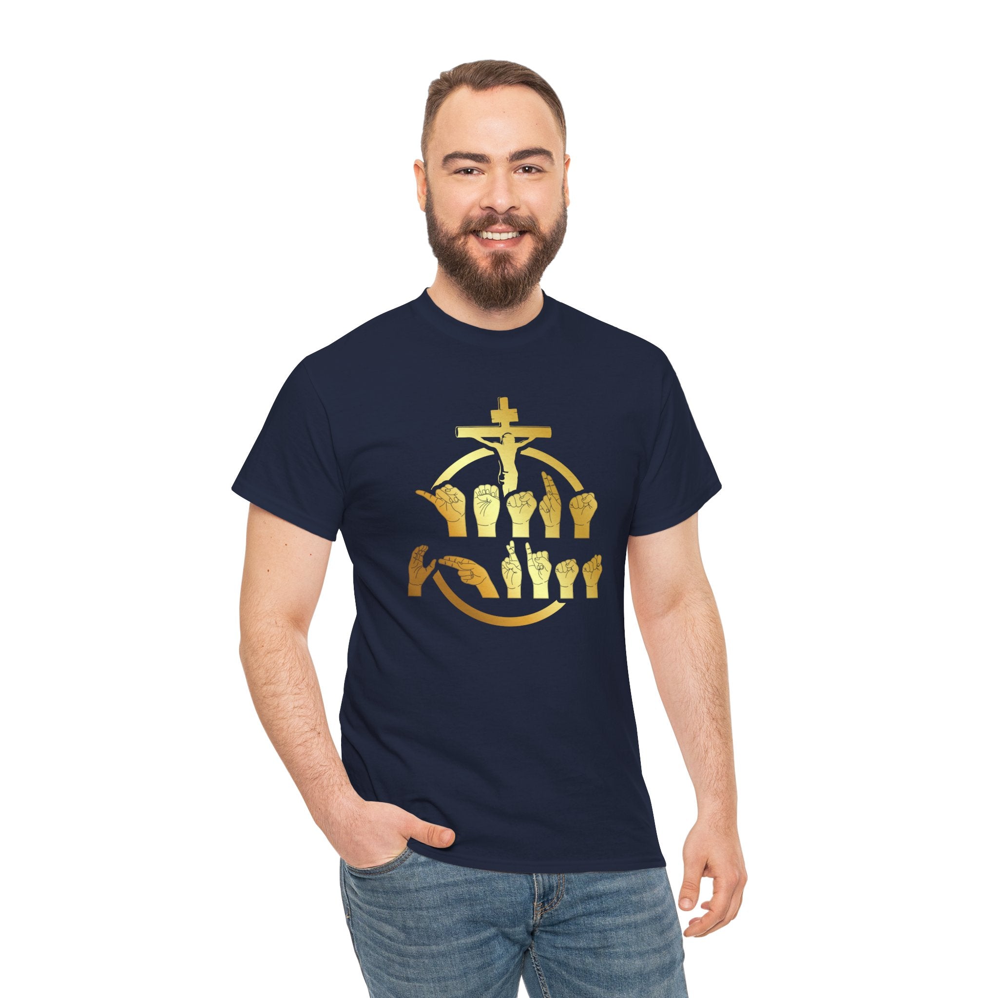 Christian Cross & Praying Hands T-Shirt — Gold Faith Design
