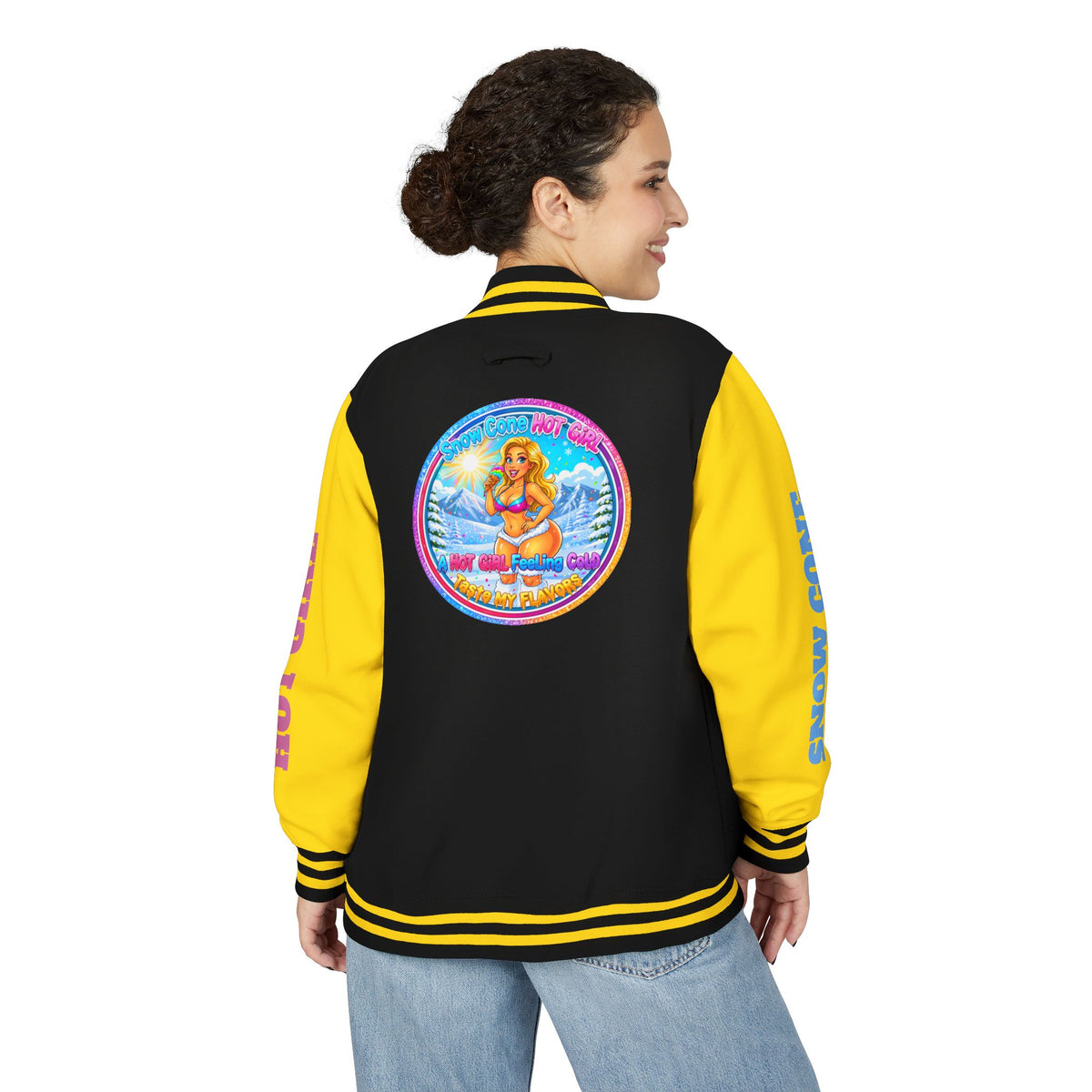 Angel Pinup Letterman Jacket — "Snowcone Hot Girl " Graphic Varsity Jacket