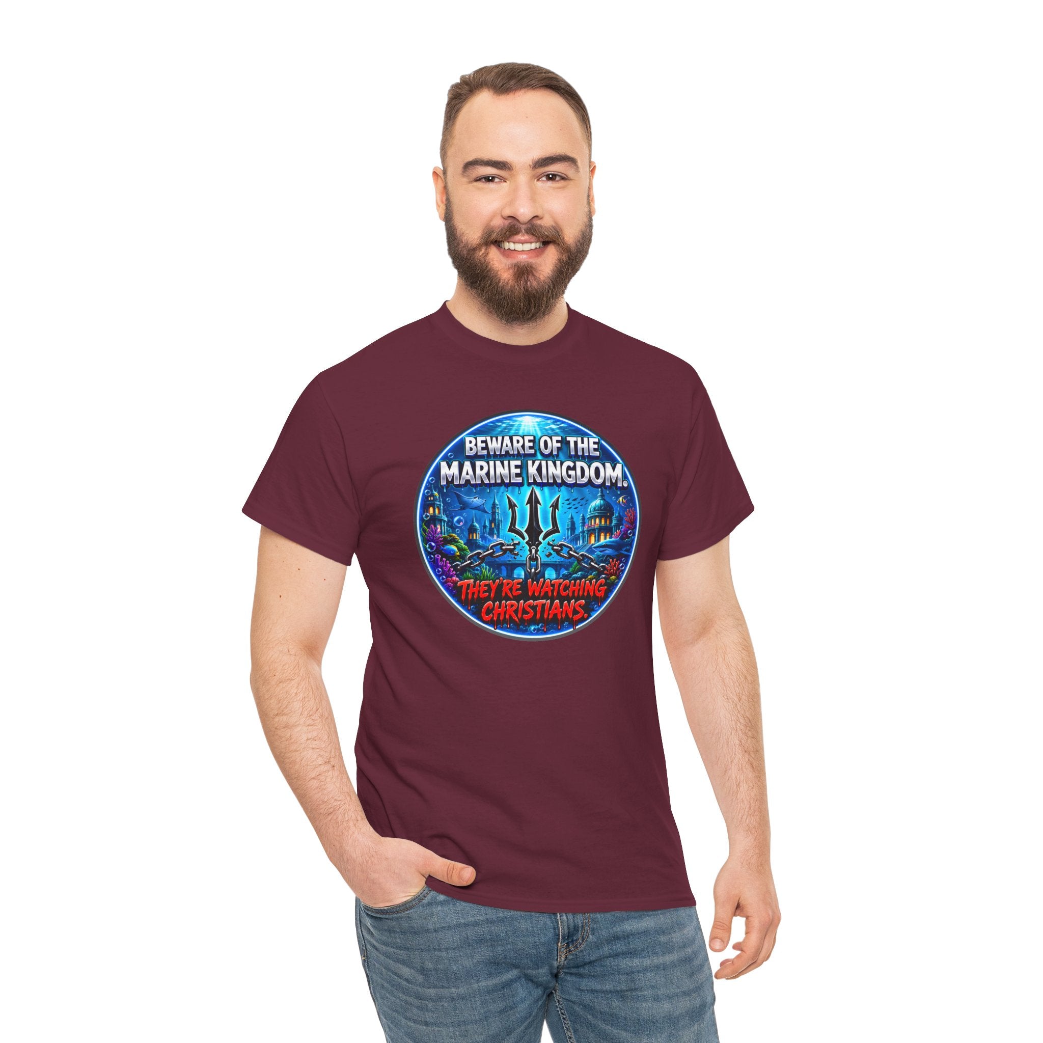 T‑Shirt — "Beware of the Marine Kingdom: They're Watching Christians" Vintage Ocean Graphic