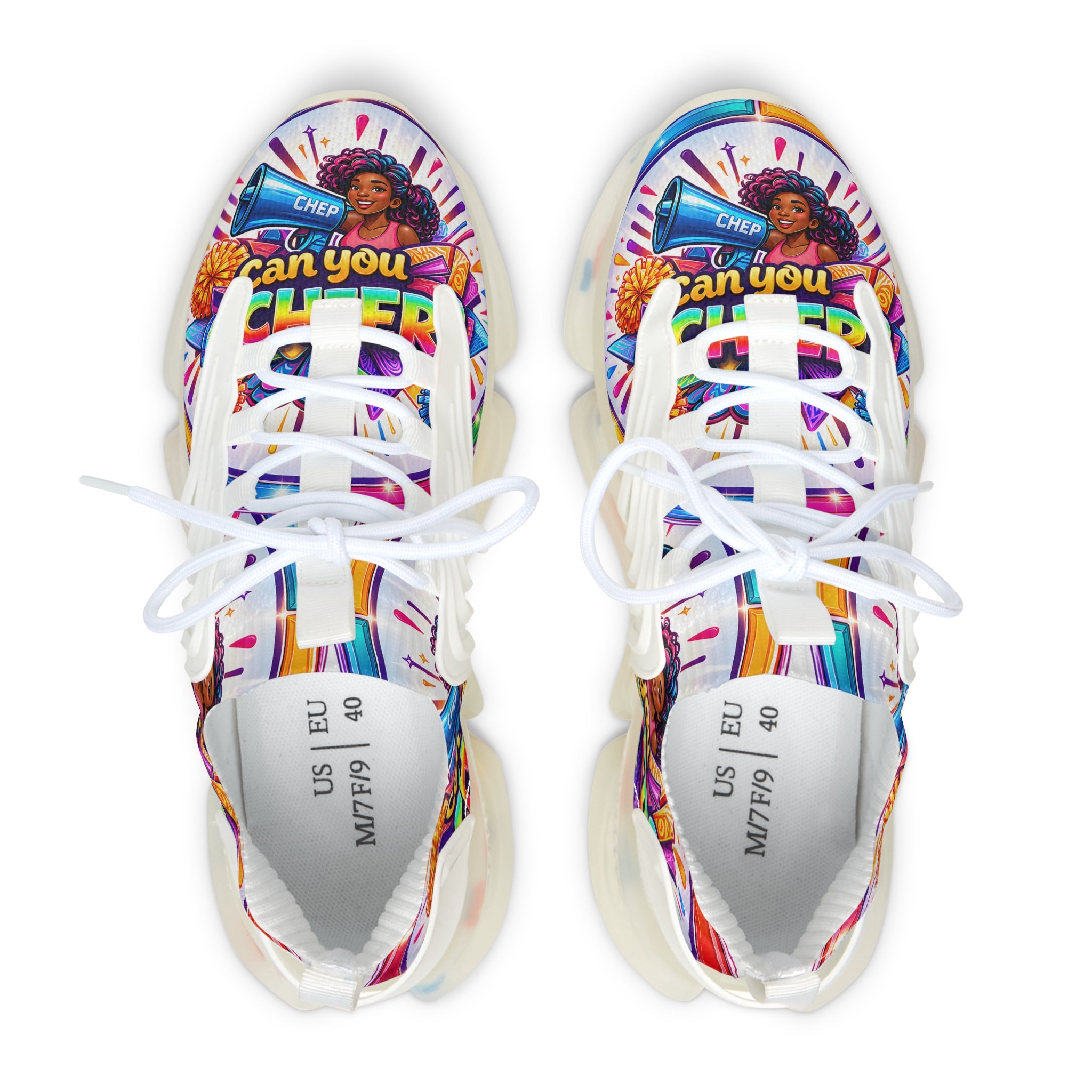Women's Cheerleader Graphic Mesh Sneakers — "Can You Cheer?" Colorful Athletic Shoes