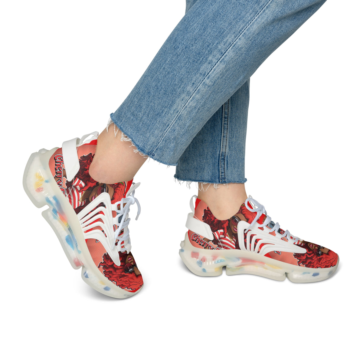 Red Curly-Haired Girl Athletic Sneakers — " Cherry Red Girl "Women's Fashion Mesh Shoes