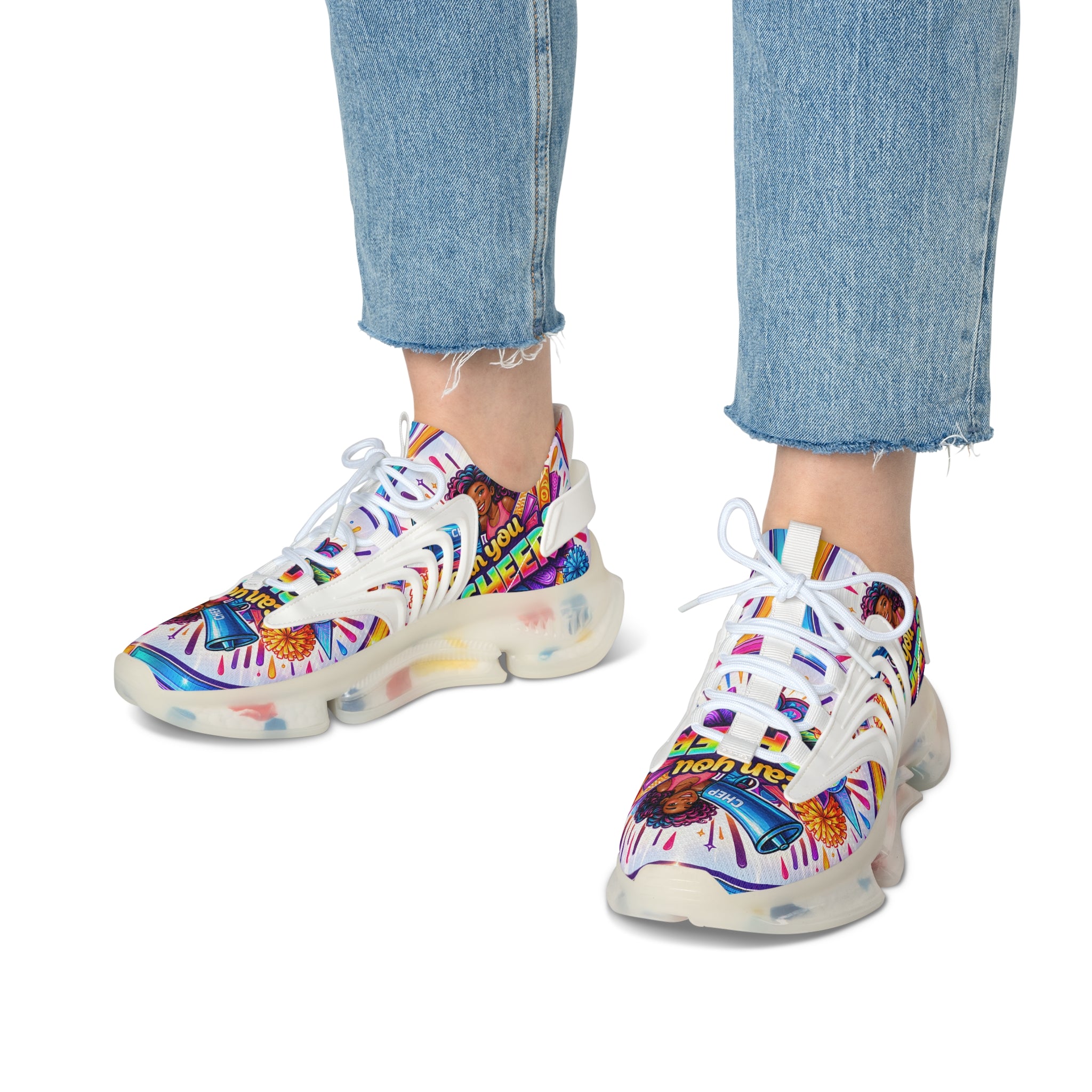 Women's Cheerleader Graphic Mesh Sneakers — "Can You Cheer?" Colorful Athletic Shoes