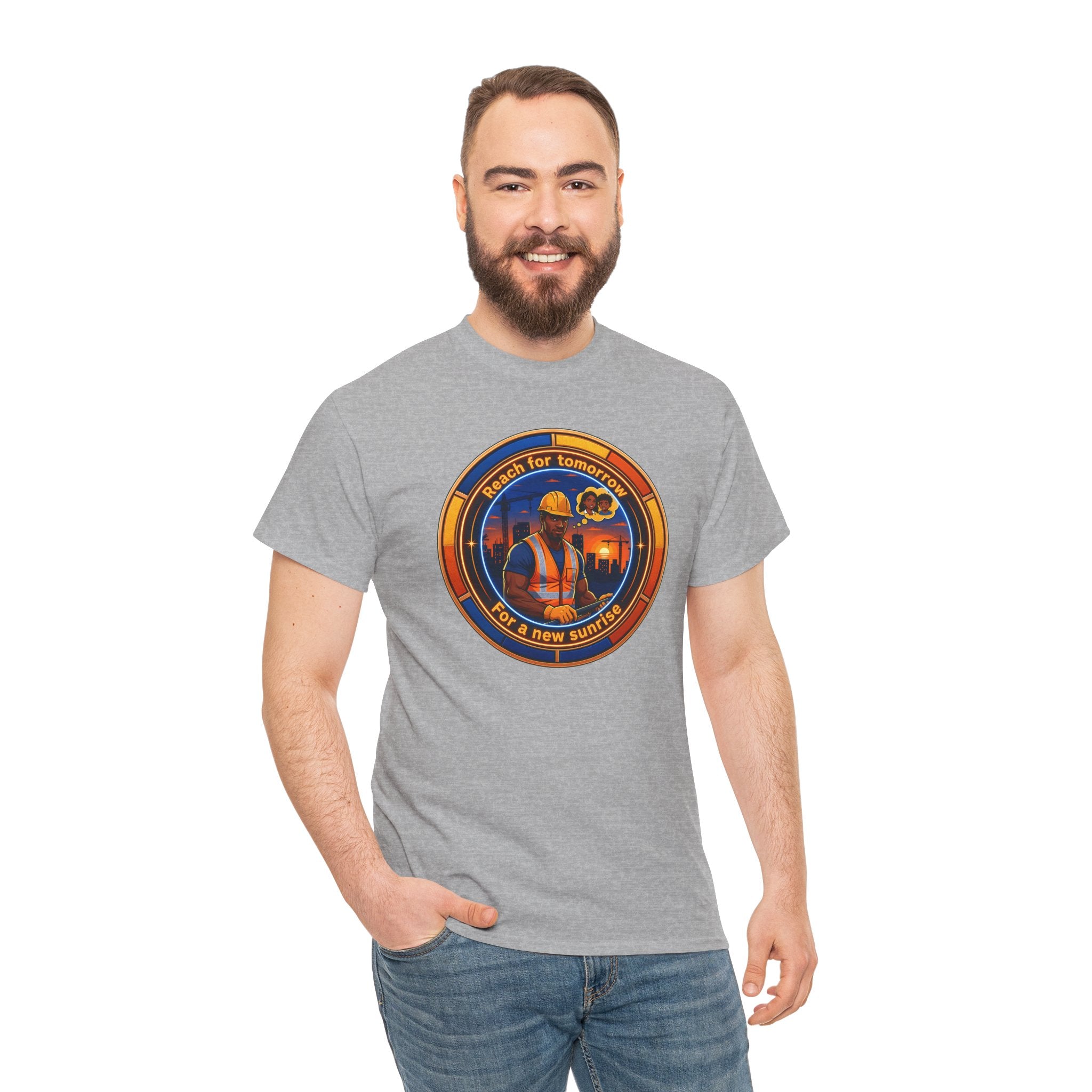 Construction Worker Sunset Tee — “Reach for Tomorrow ” Safety Crew T-Shirt