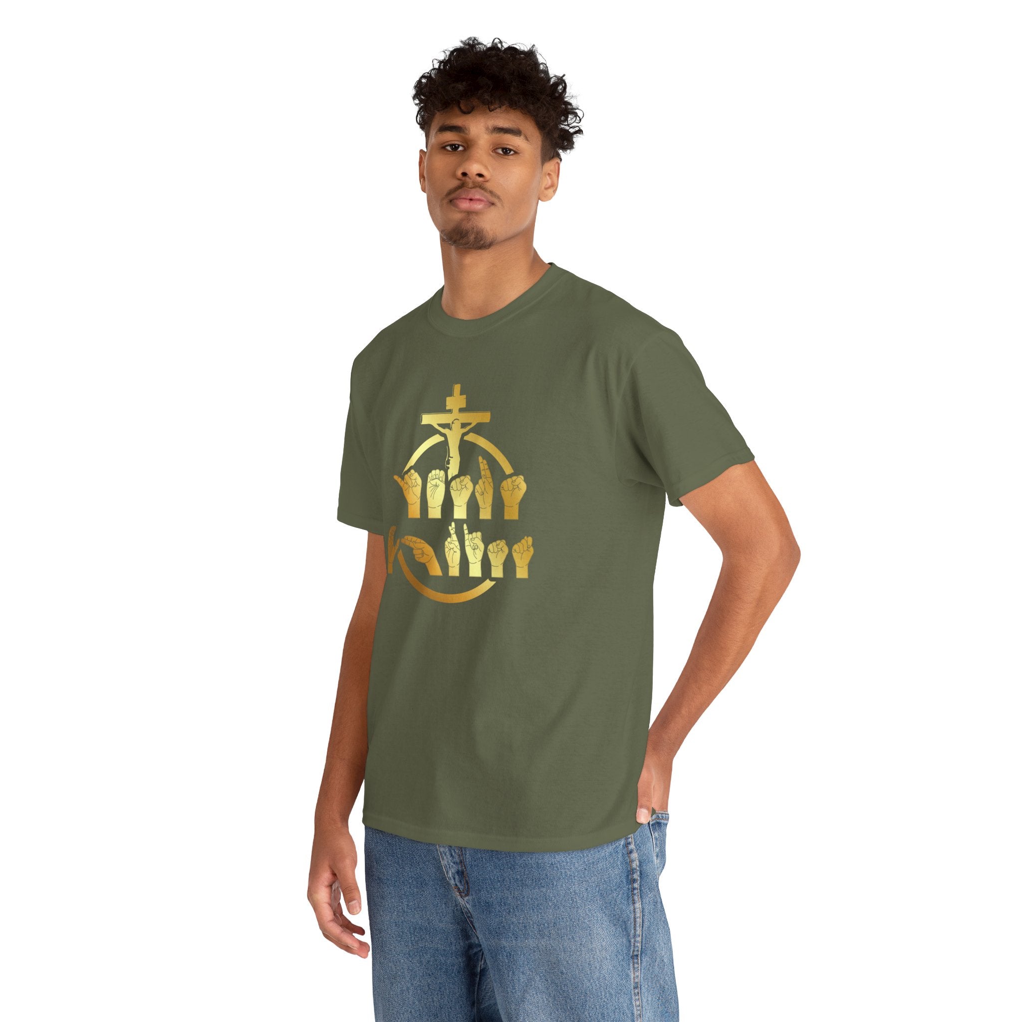 Christian Cross & Praying Hands T-Shirt — Gold Faith Design