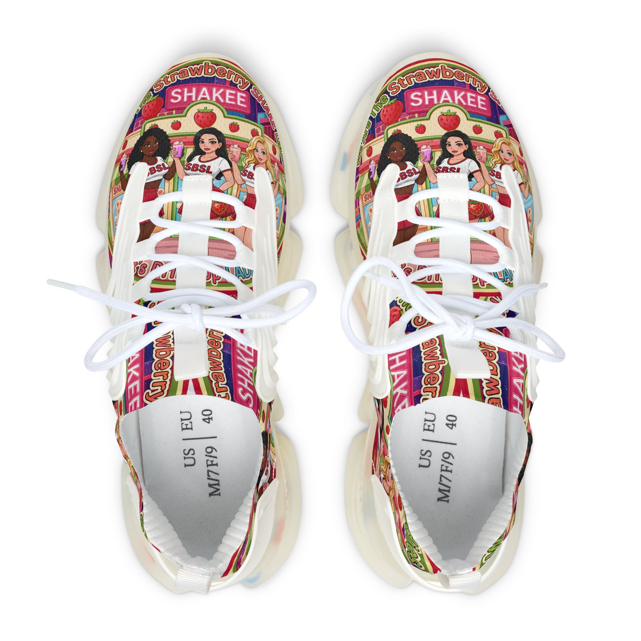 Women's Mesh Sneakers  "Strawberry Shake "— Colorful Retro Doll Print Athletic Shoes