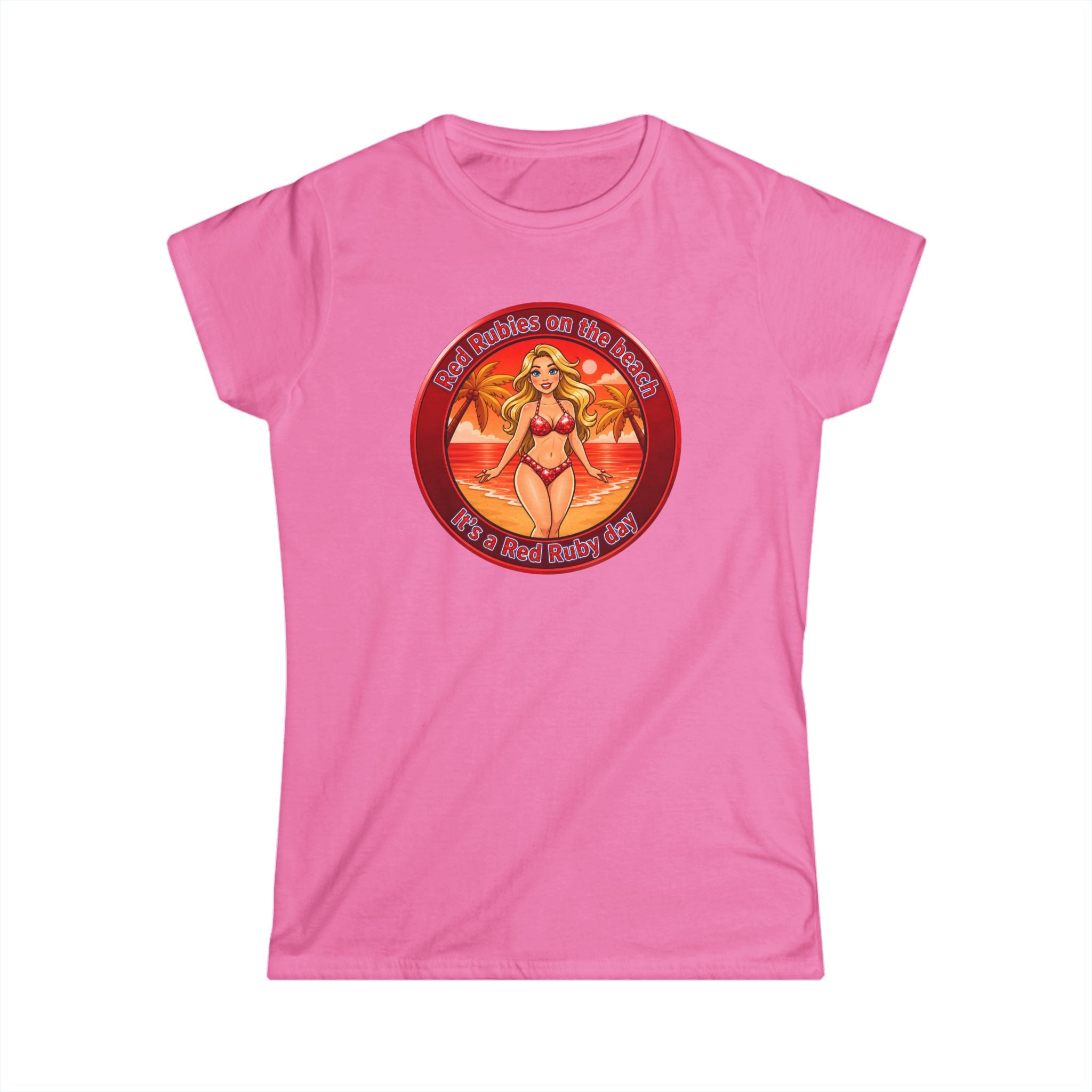 Beach Babe Graphic Tee — "Red Rubies On The Beach" Retro Bikini Design