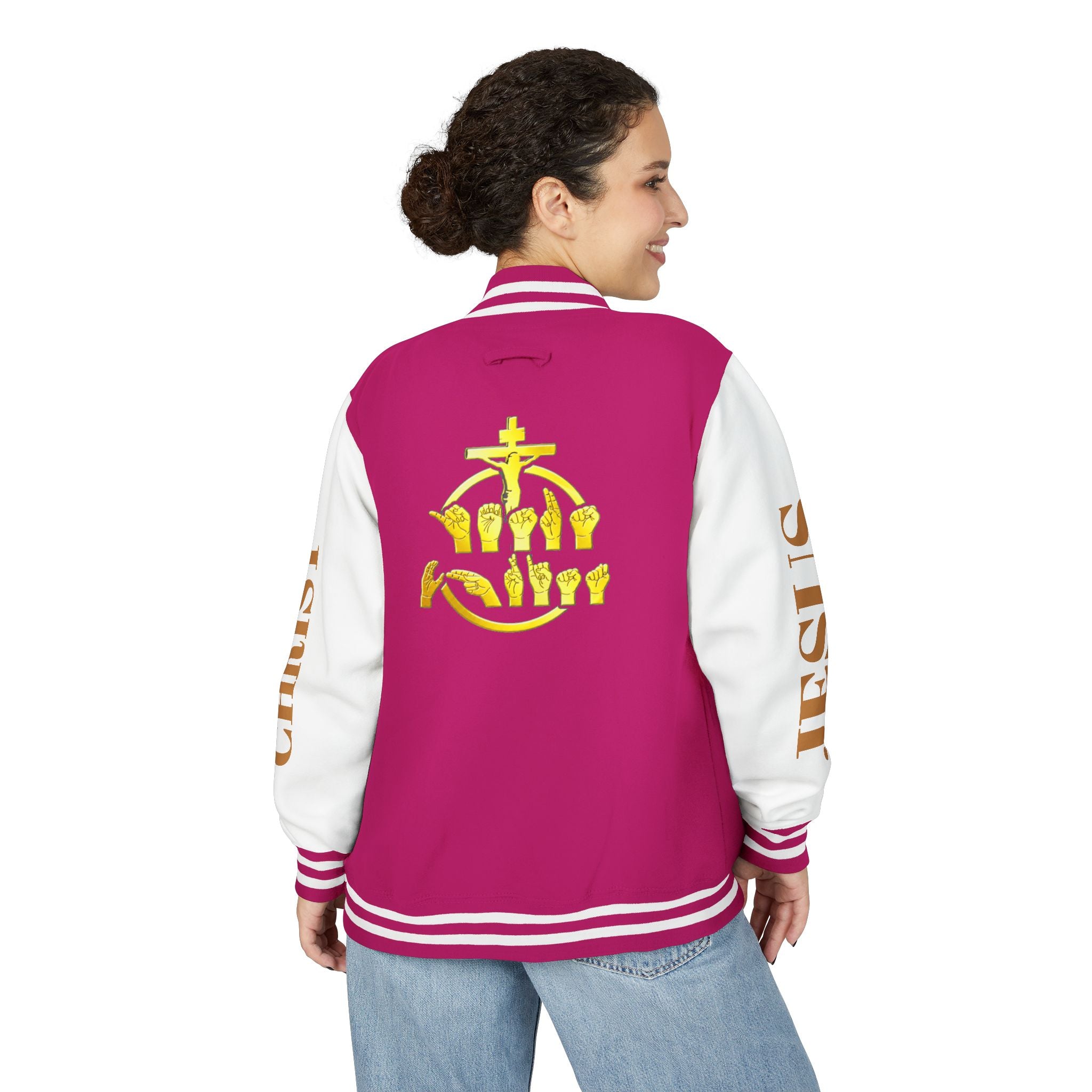 "Sign language Jesus Christ "     Christian Crown Letterman Jacket - 'Jesus Christ' Sleeve Varsity Jacket