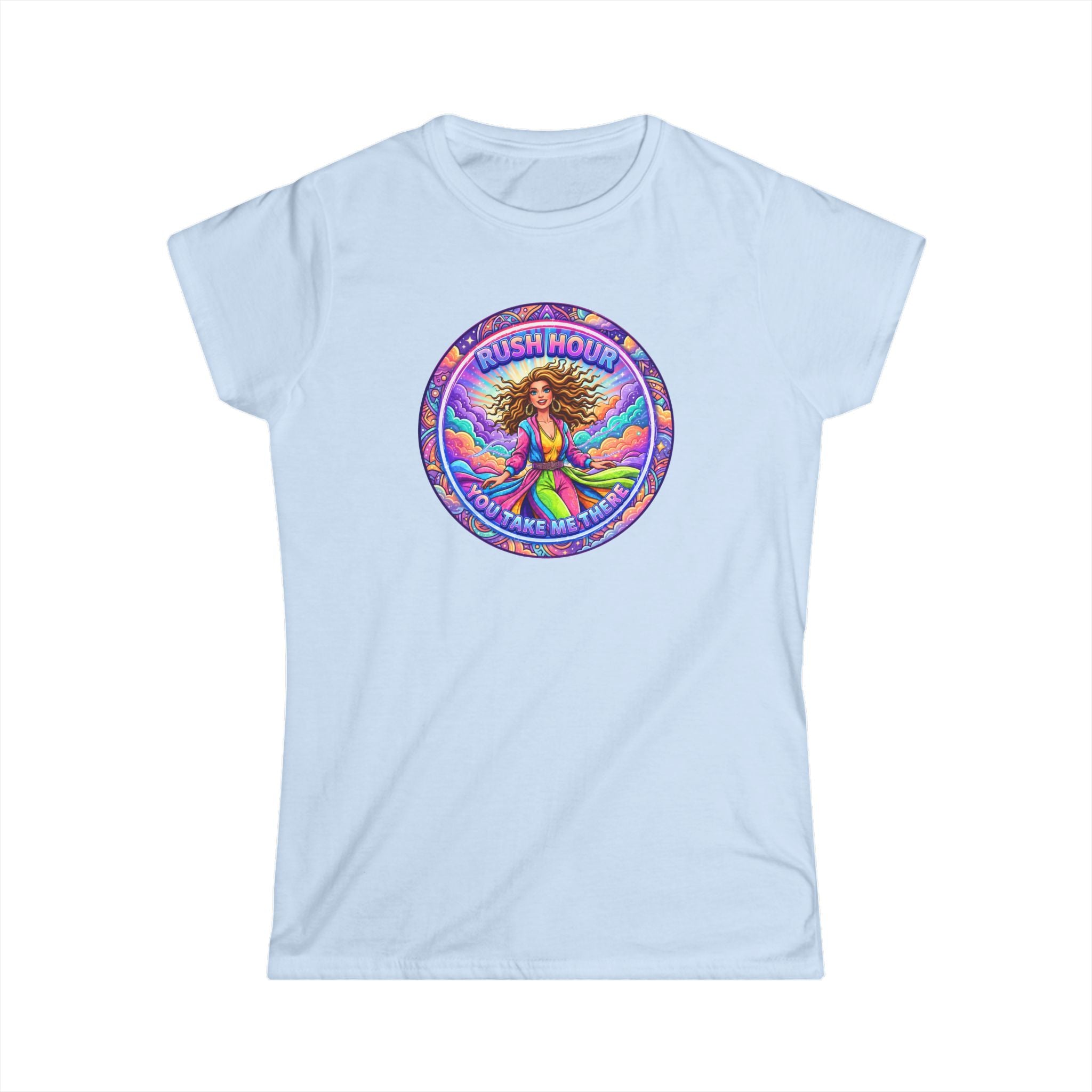 Women's Tee — “Rush Hour” Colorful Retro Hippie Graphic